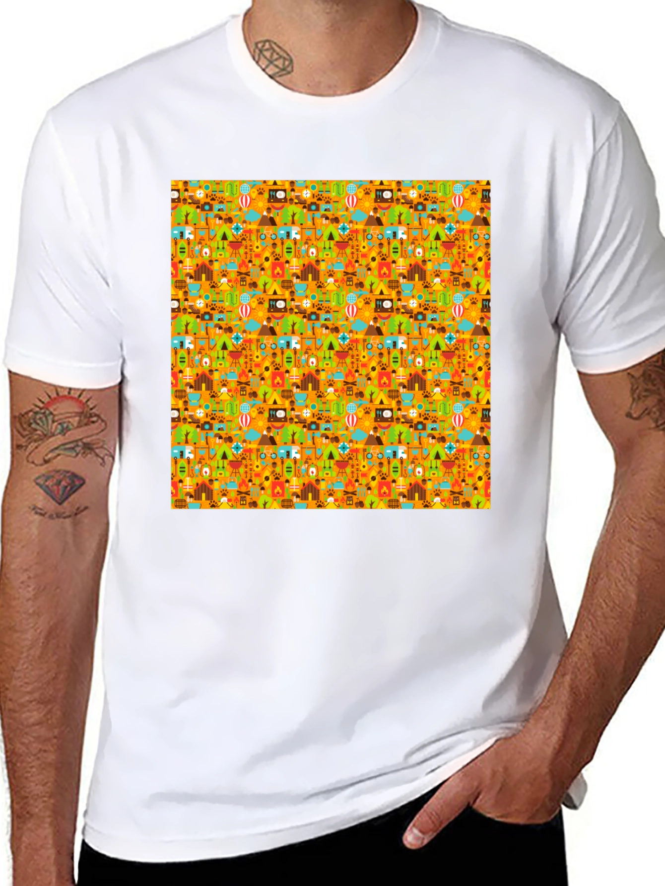 Camping Pattern Mens Black T-Shirt