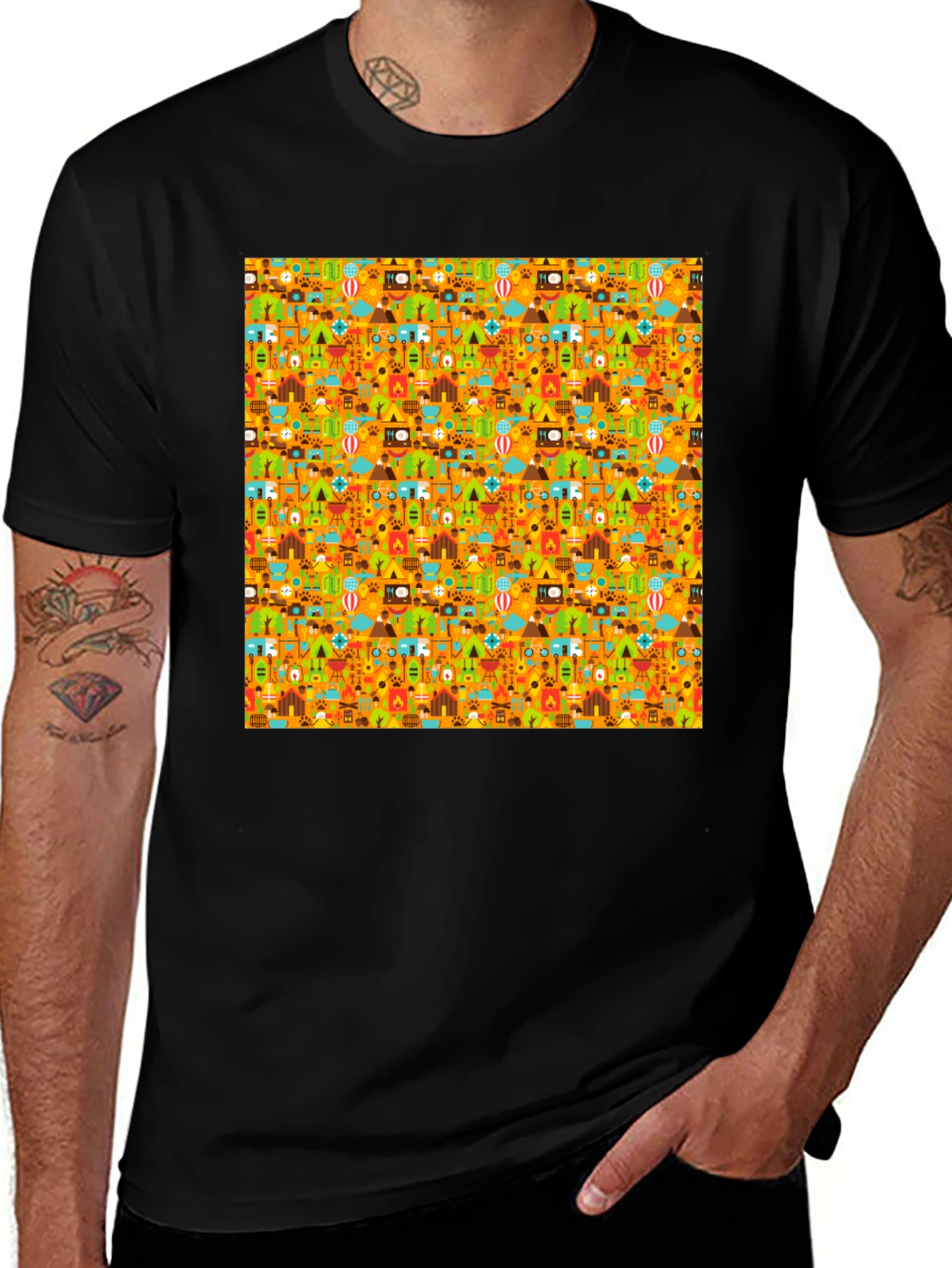 Camping Pattern Mens Black T-Shirt
