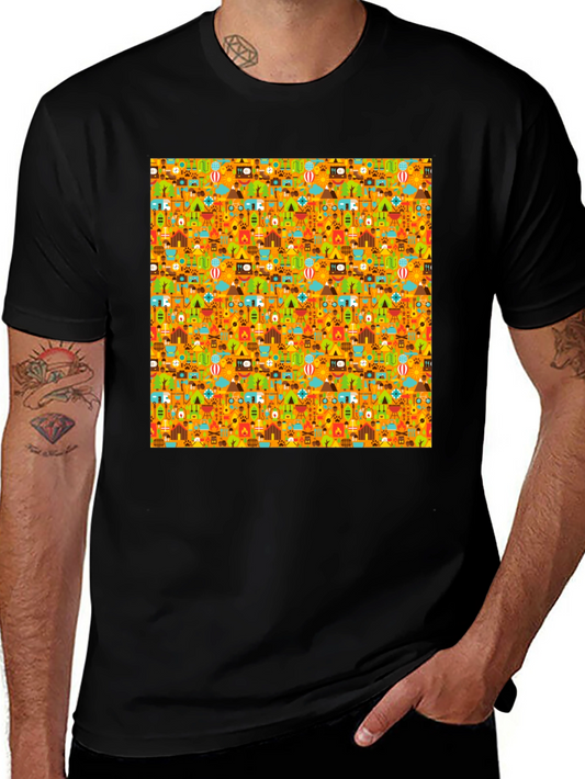 Camping Pattern Mens Black T-Shirt