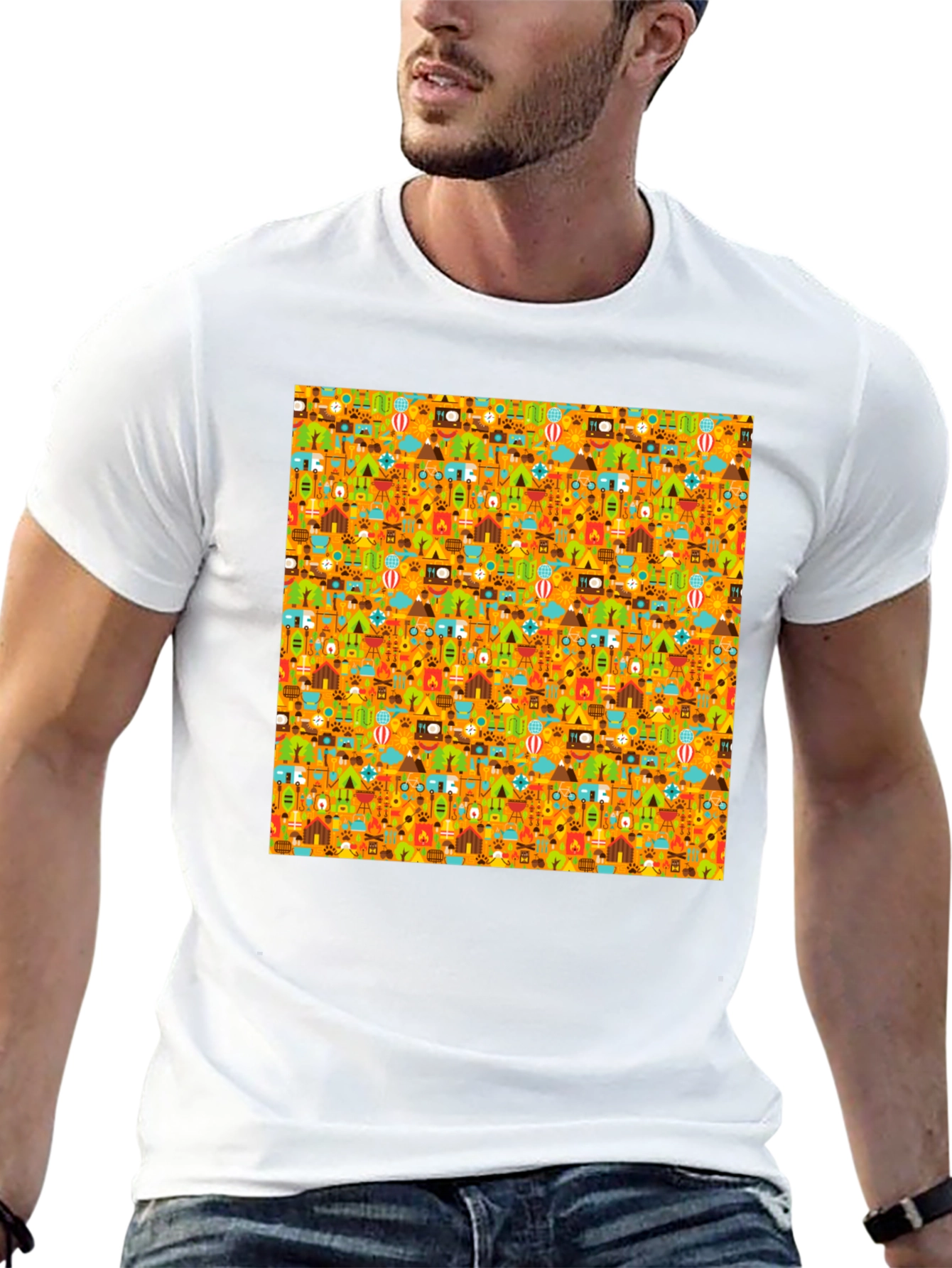 Camping Pattern Mens Black T-Shirt