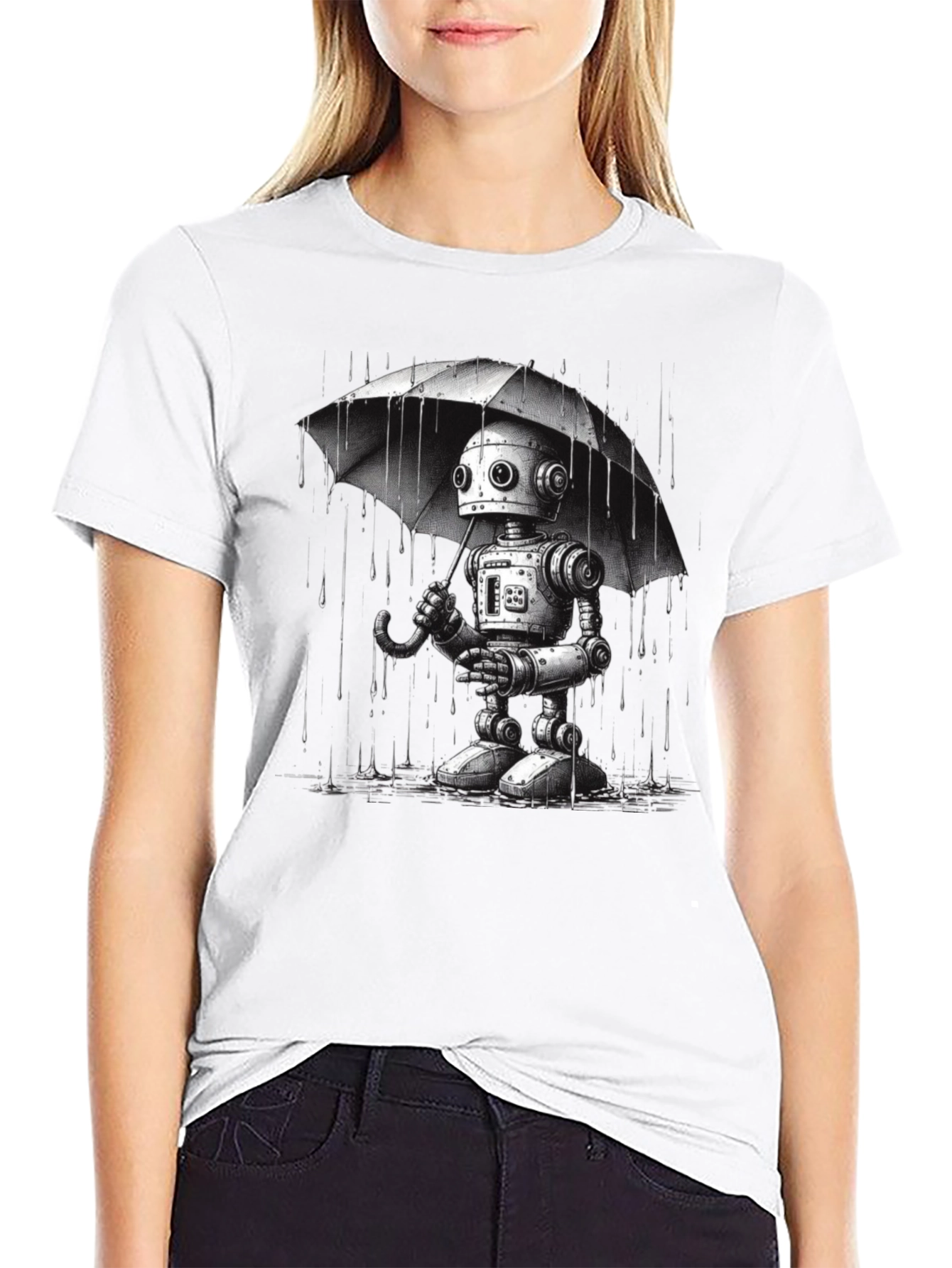 Robot Umbrella Graphic T-Shirt - Black Cotton Tee