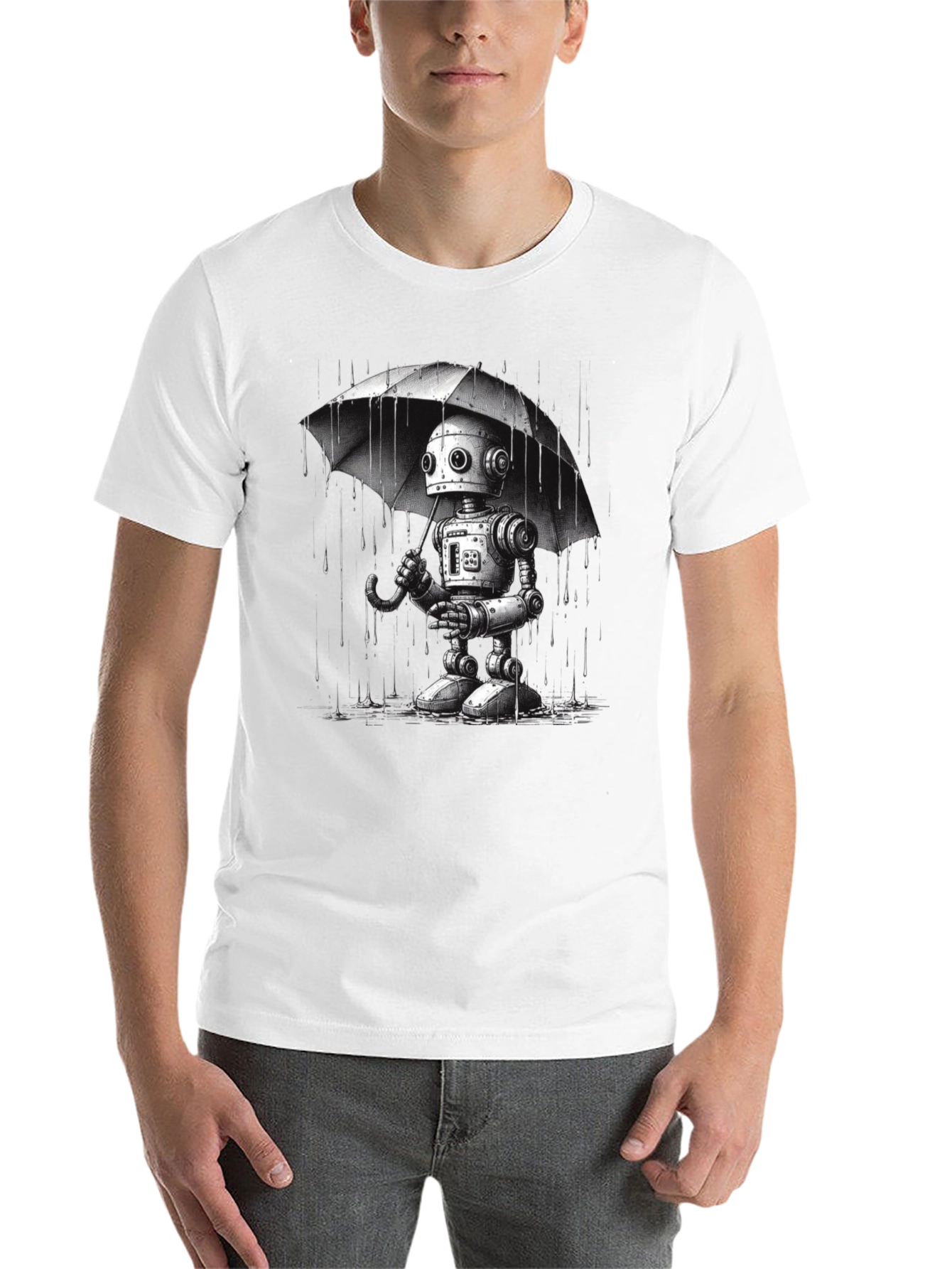 Robot Umbrella Graphic T-Shirt - Black Cotton Tee