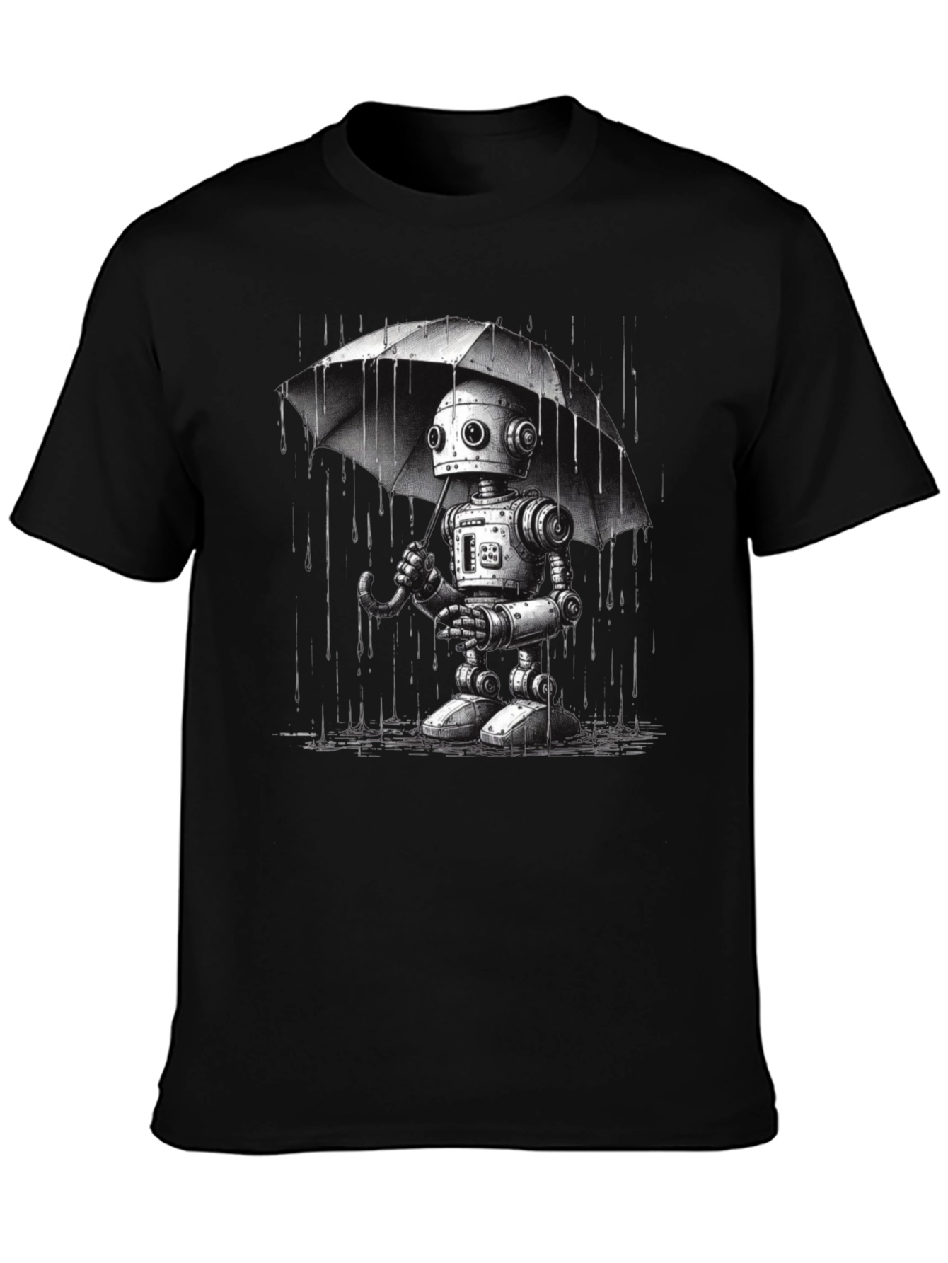 Robot Umbrella Graphic T-Shirt - Black Cotton Tee