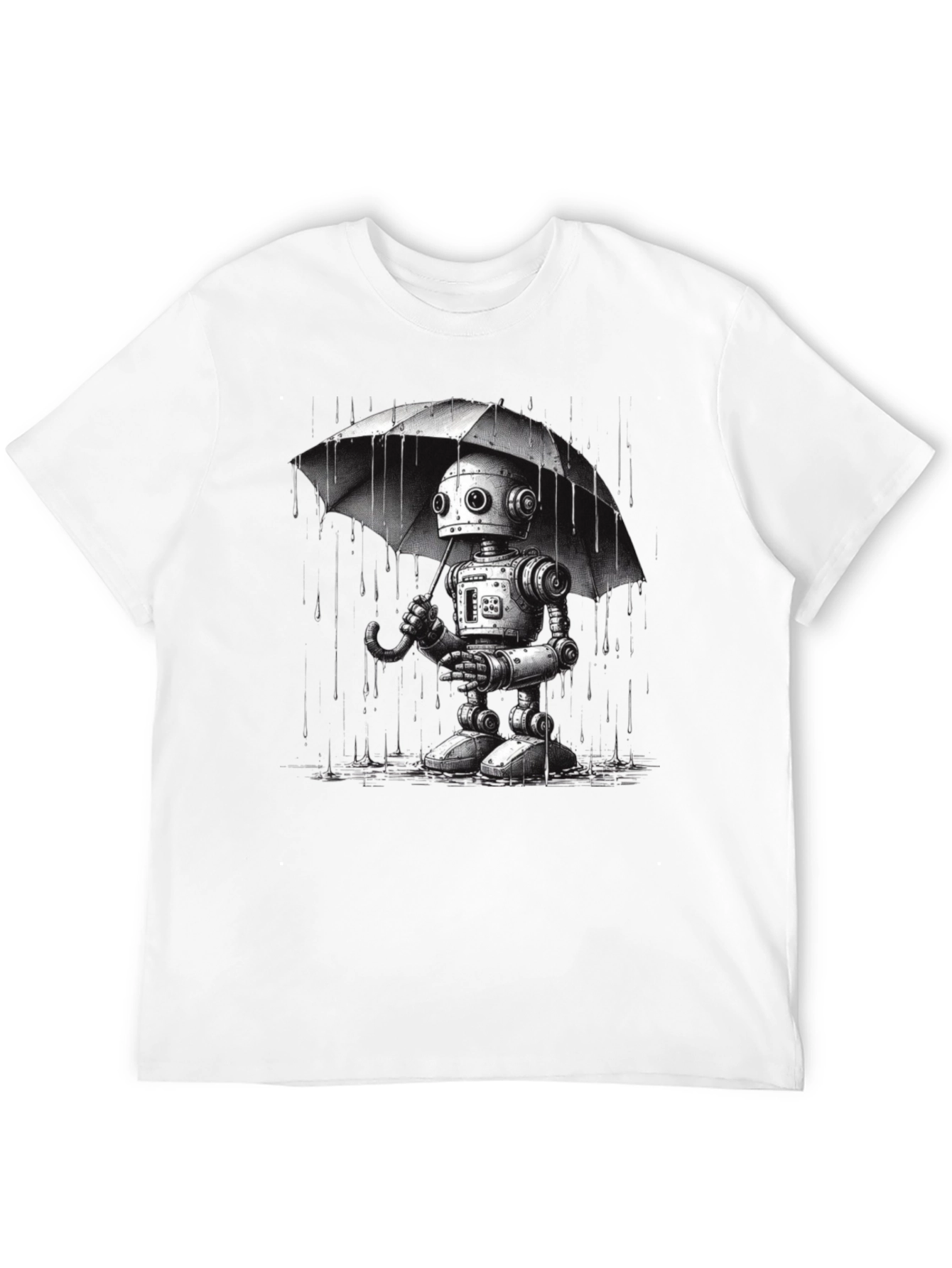 Robot Umbrella Graphic T-Shirt - Black Cotton Tee