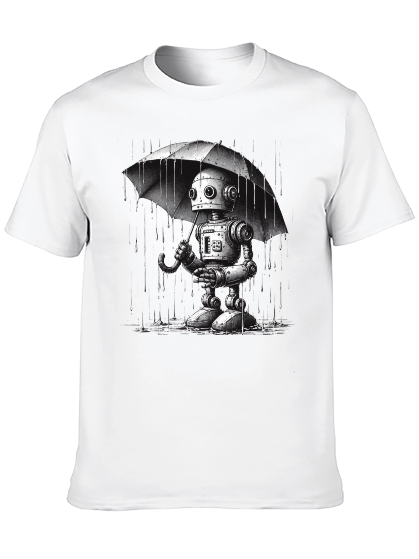 Robot Umbrella Graphic T-Shirt - Black Cotton Tee
