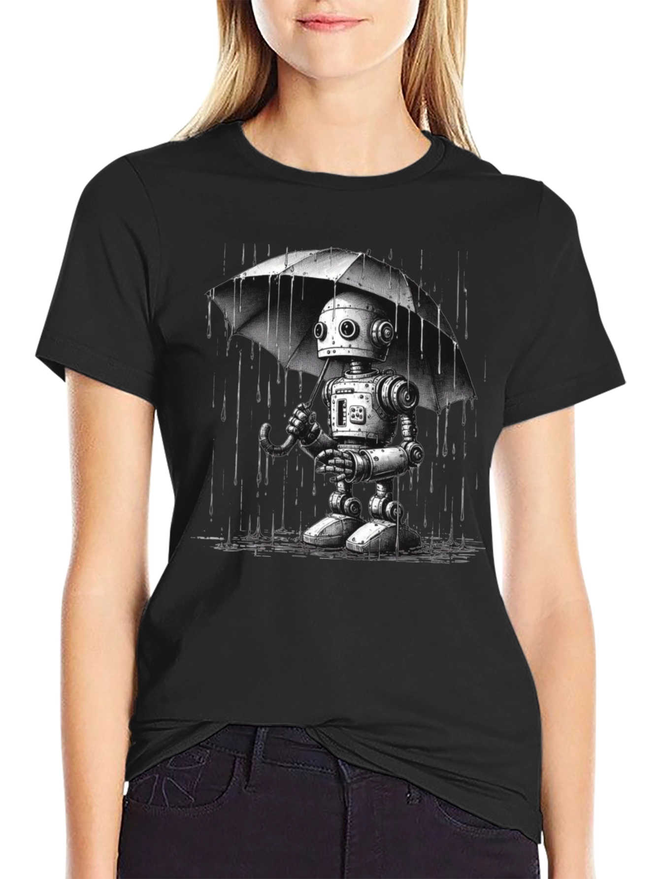 Robot Umbrella Graphic T-Shirt - Black Cotton Tee
