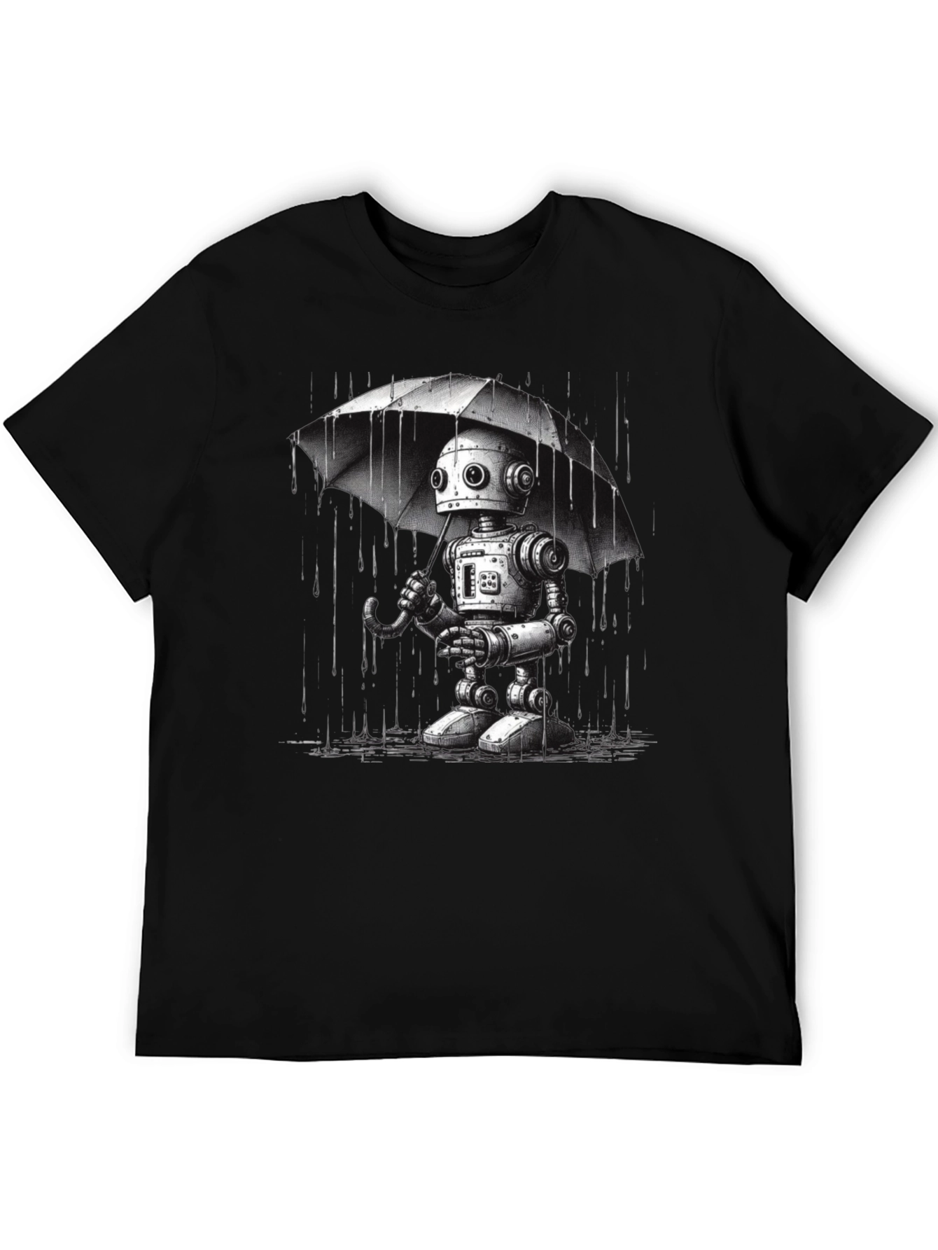 Robot Umbrella Graphic T-Shirt - Black Cotton Tee