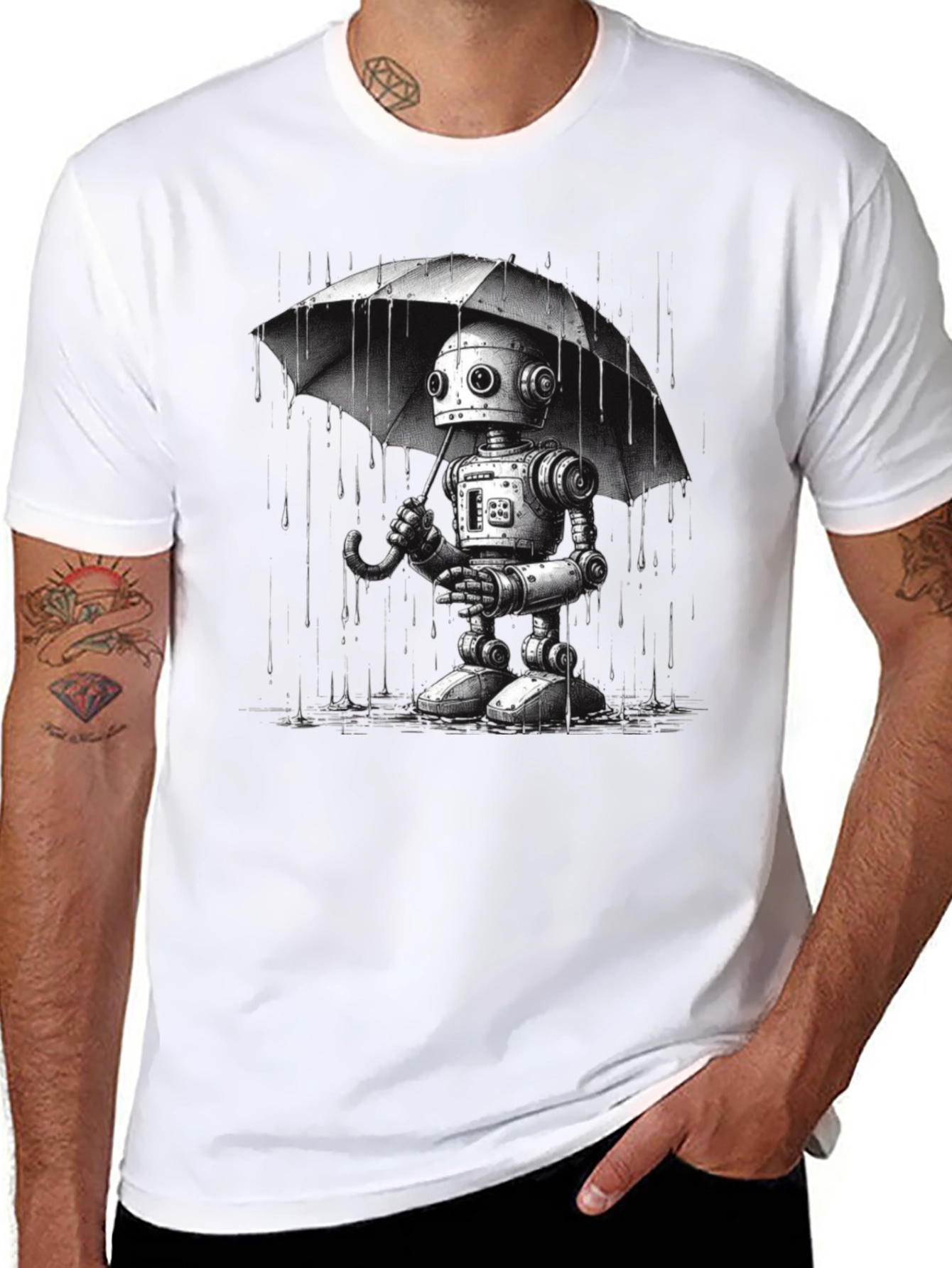 Robot Umbrella Graphic T-Shirt - Black Cotton Tee