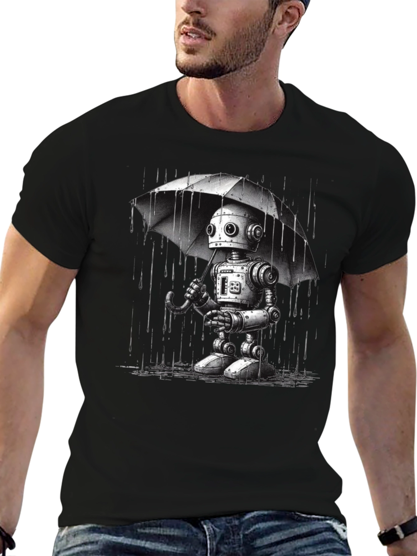 Robot Umbrella Graphic T-Shirt - Black Cotton Tee