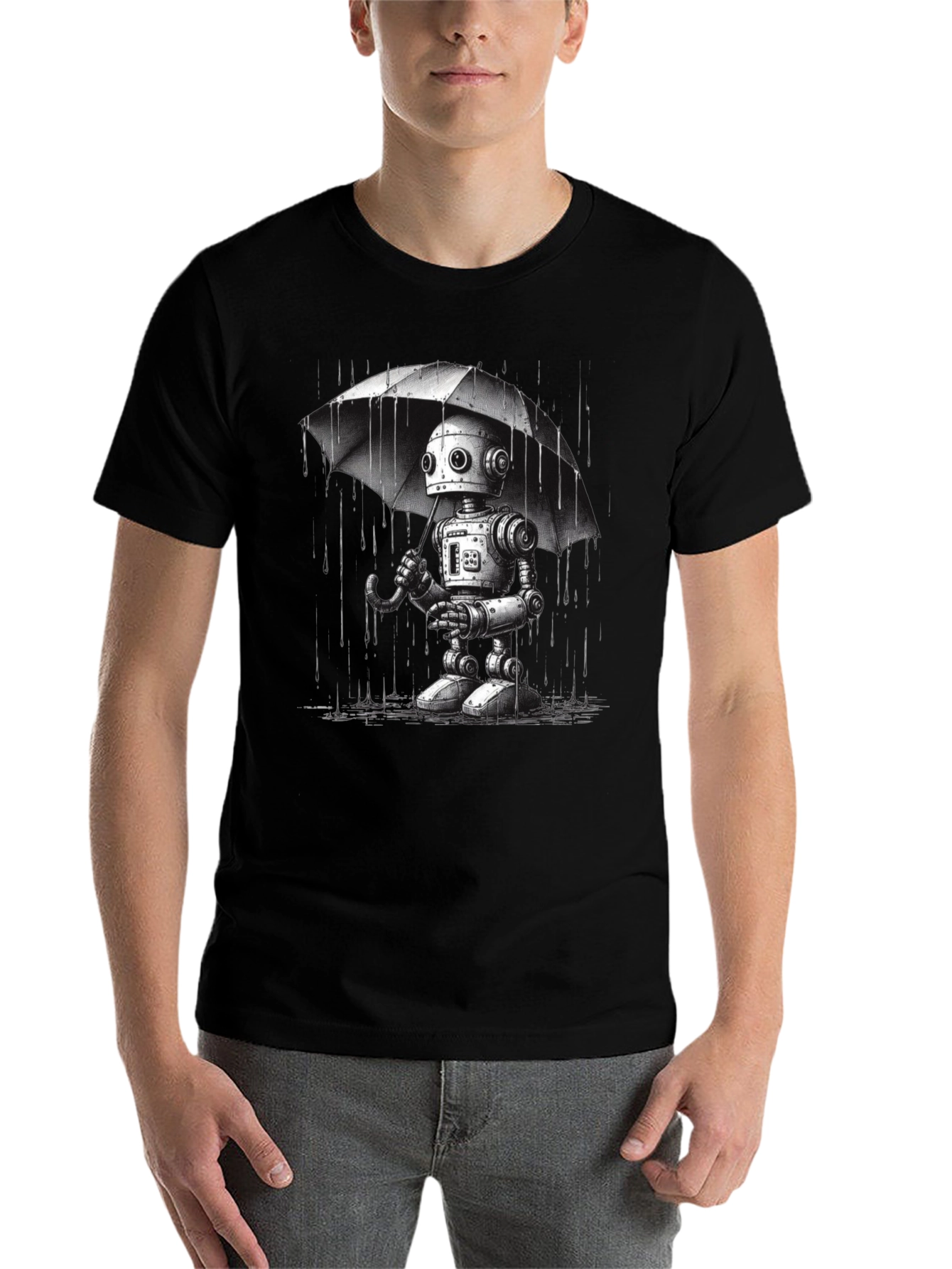 Robot Umbrella Graphic T-Shirt - Black Cotton Tee