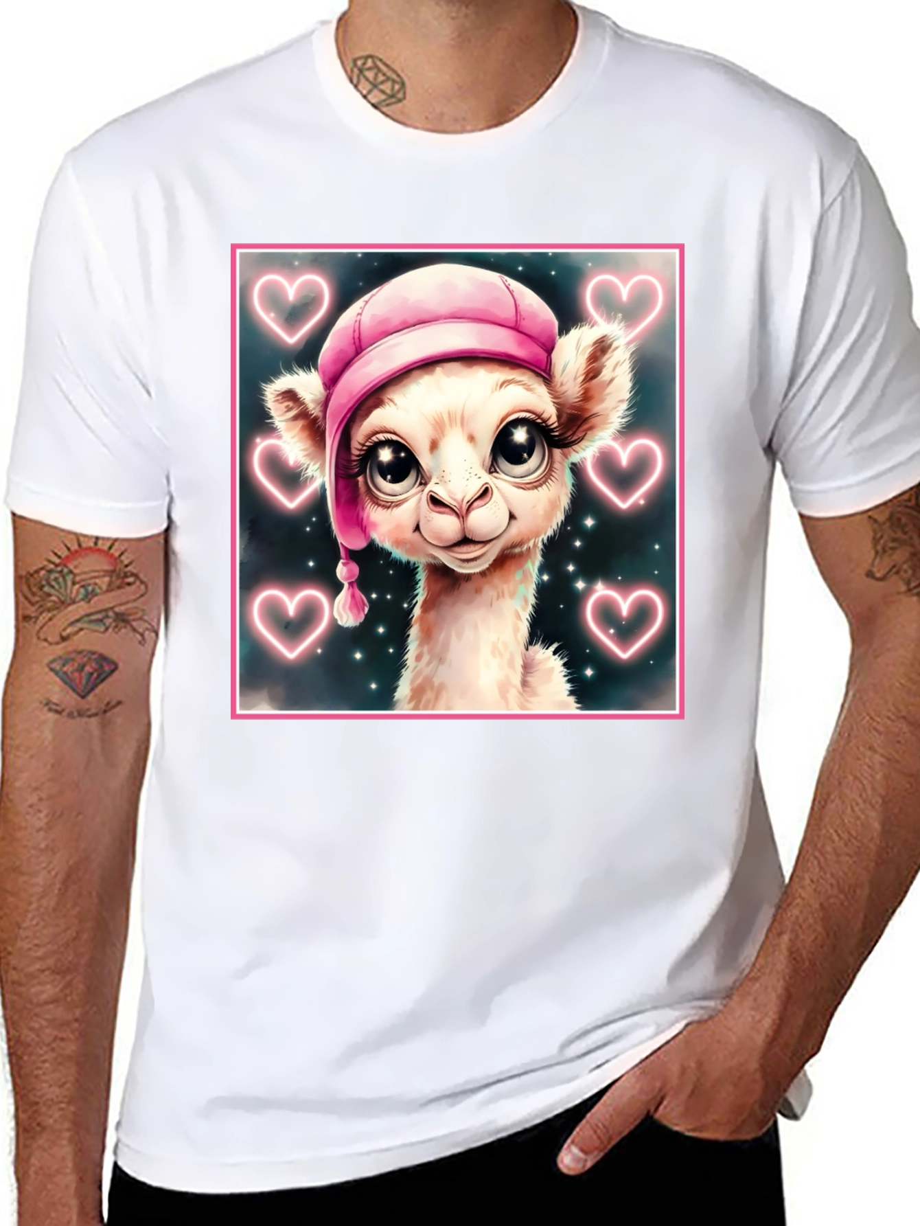 Cute Llama in Pink Hat - Graphic Tee