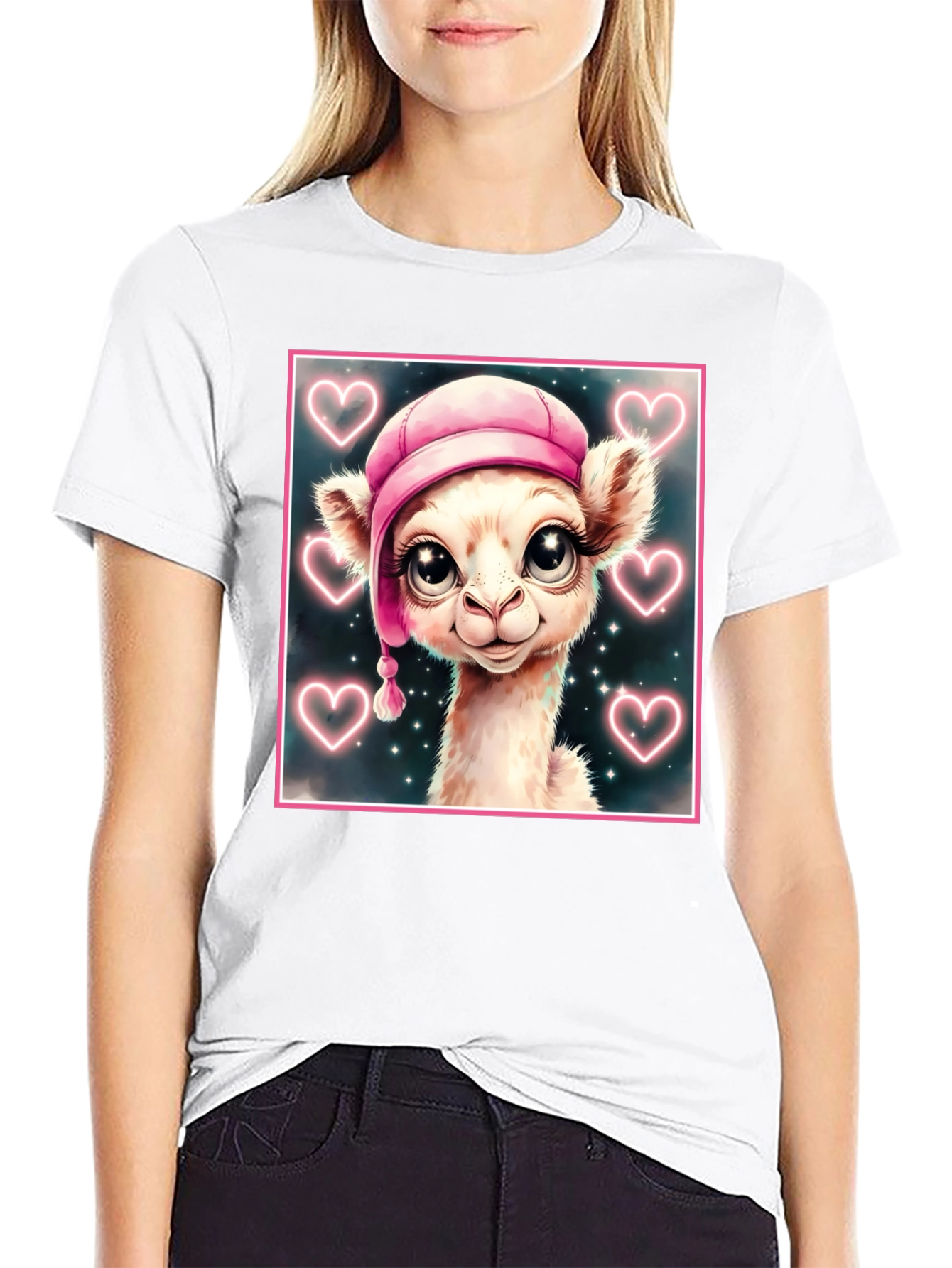 Cute Llama in Pink Hat - Graphic Tee