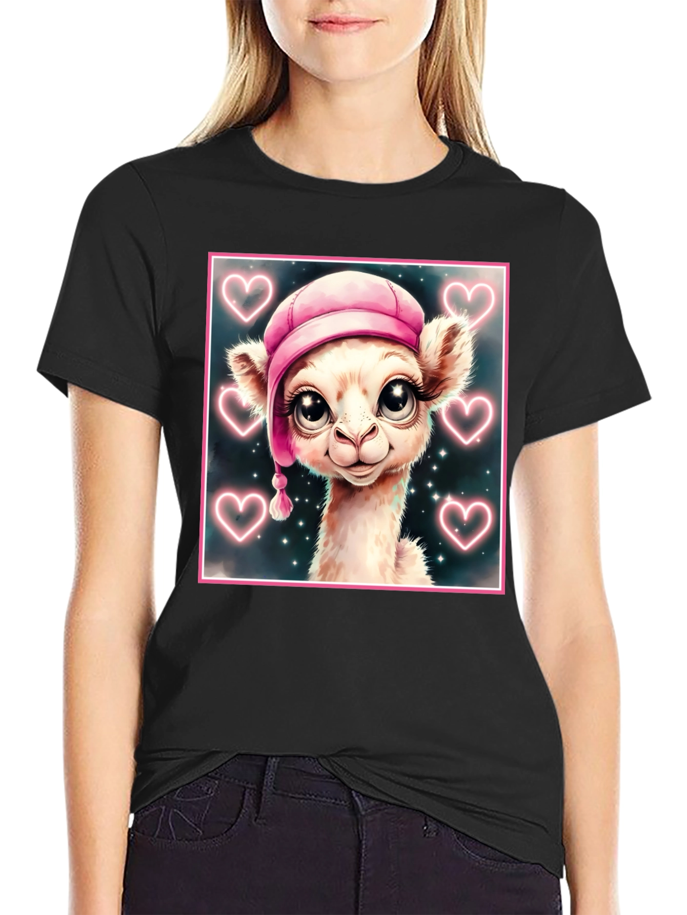 Cute Llama in Pink Hat - Graphic Tee
