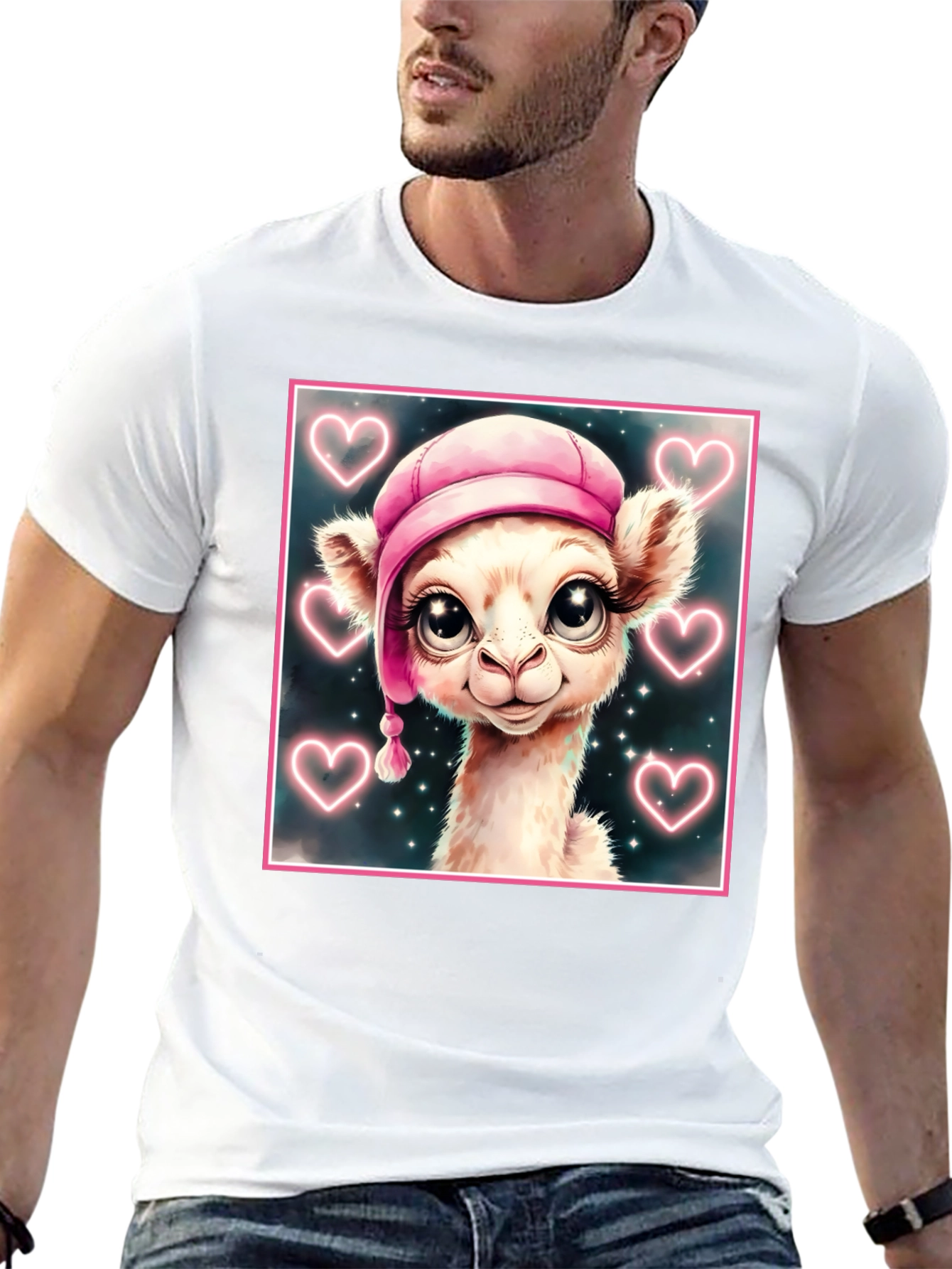 Cute Llama in Pink Hat - Graphic Tee