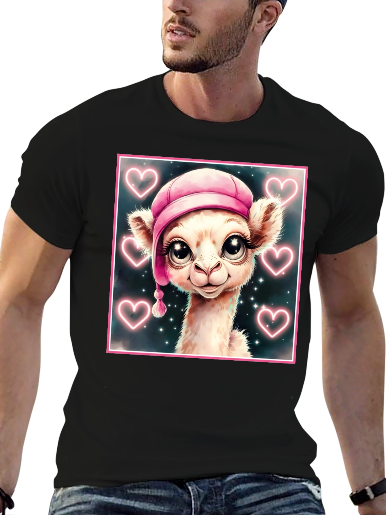 Cute Llama in Pink Hat - Graphic Tee