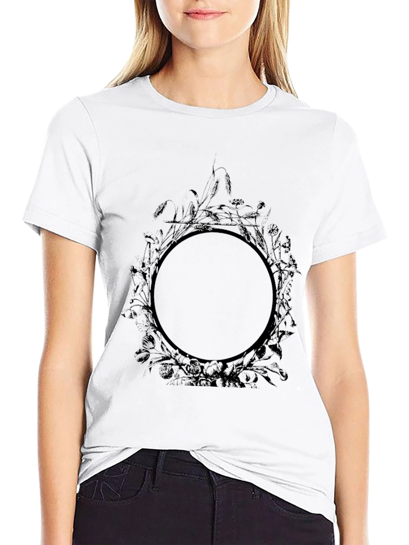 Black Floral Circle Graphic T-Shirt