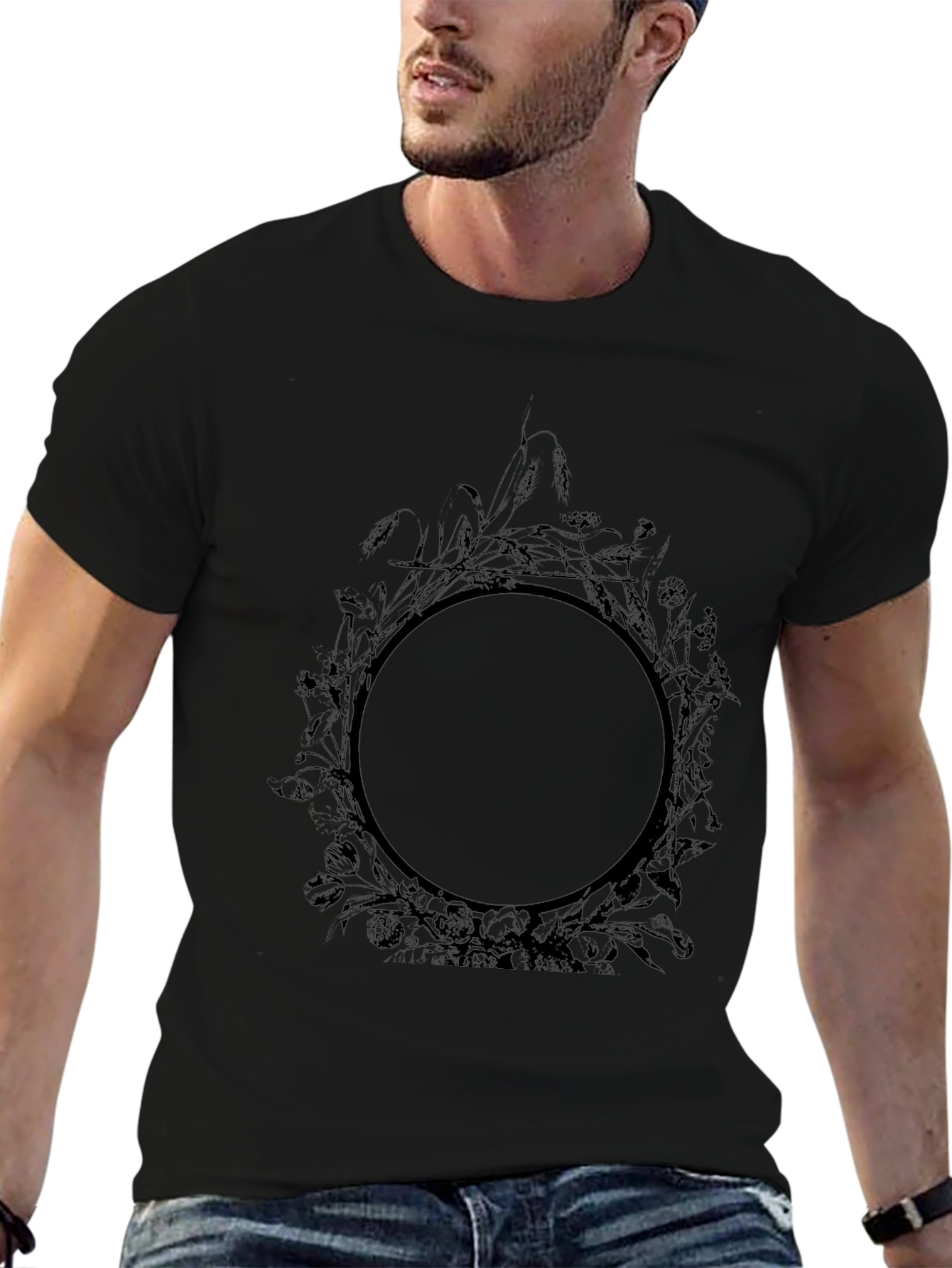 Black Floral Circle Graphic T-Shirt