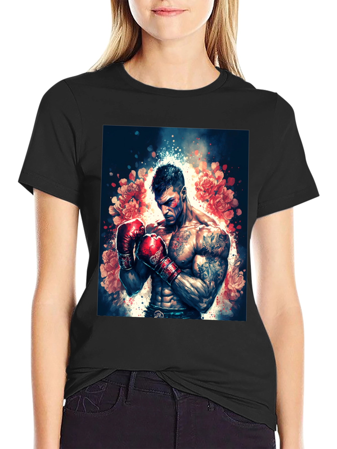 Floral Boxer Graphic Tee - Black T-Shirt
