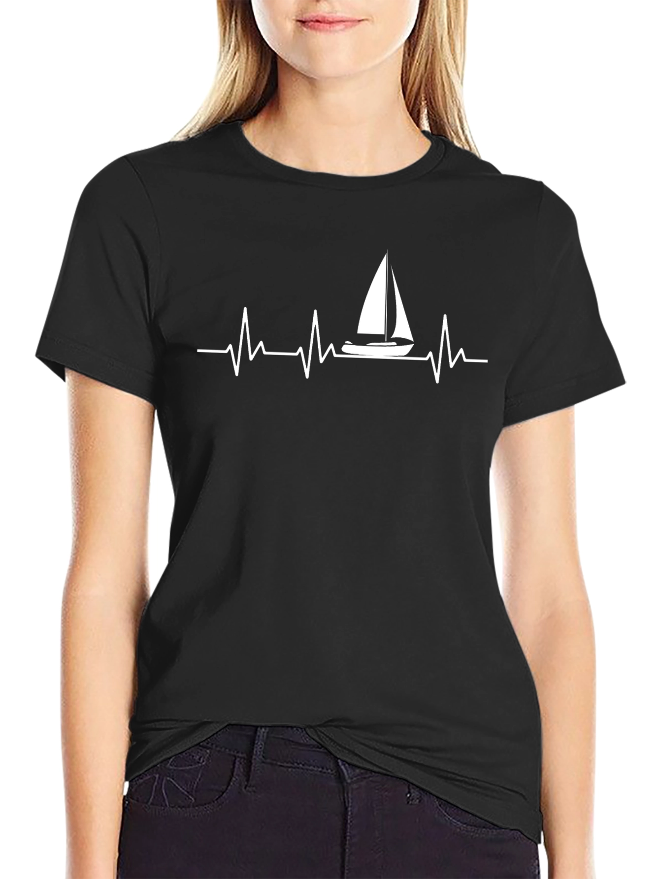 Sailing Heartbeat Graphic Tee - Black Cotton Comfort