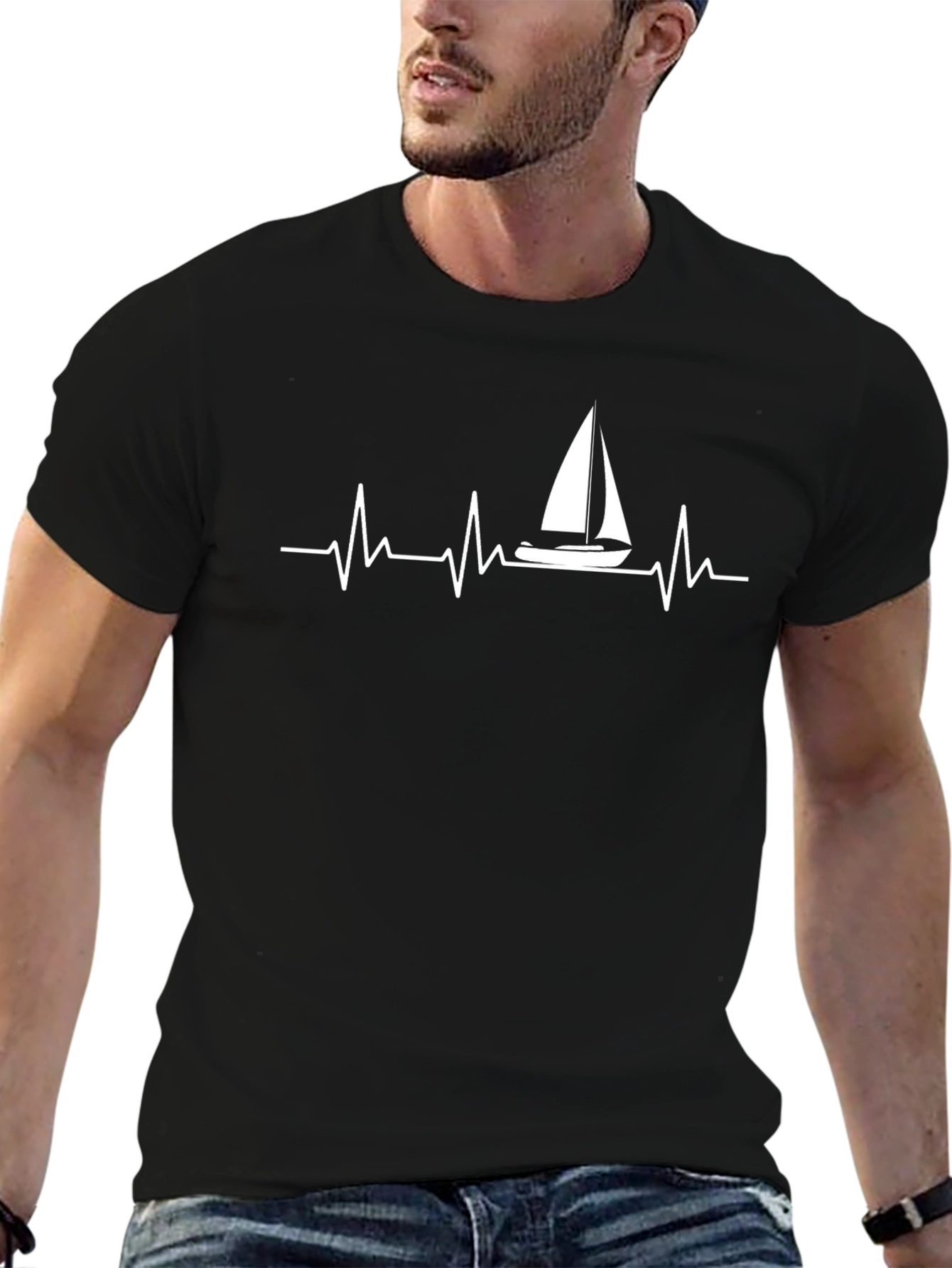 Sailing Heartbeat Graphic Tee - Black Cotton Comfort