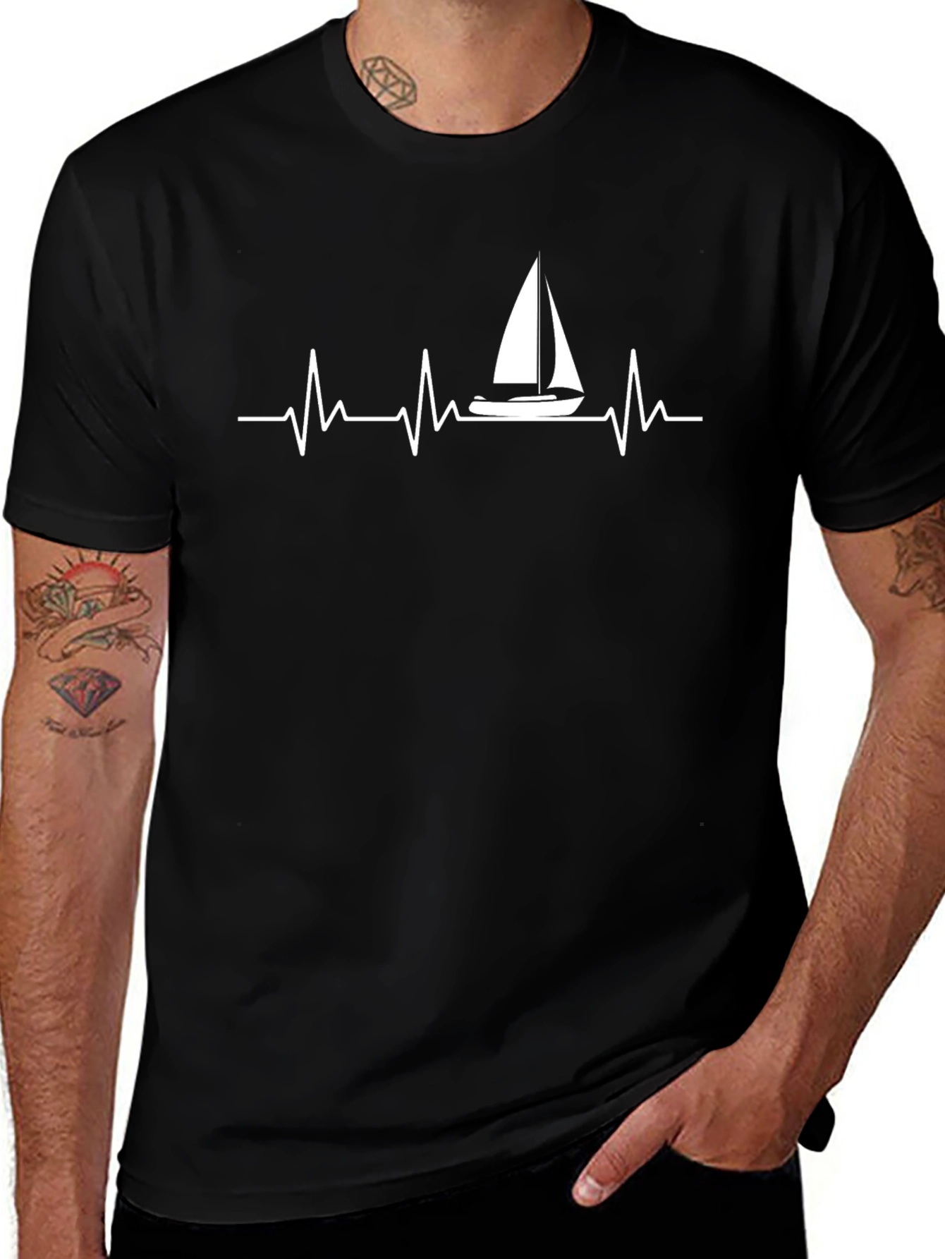 Sailing Heartbeat Graphic Tee - Black Cotton Comfort