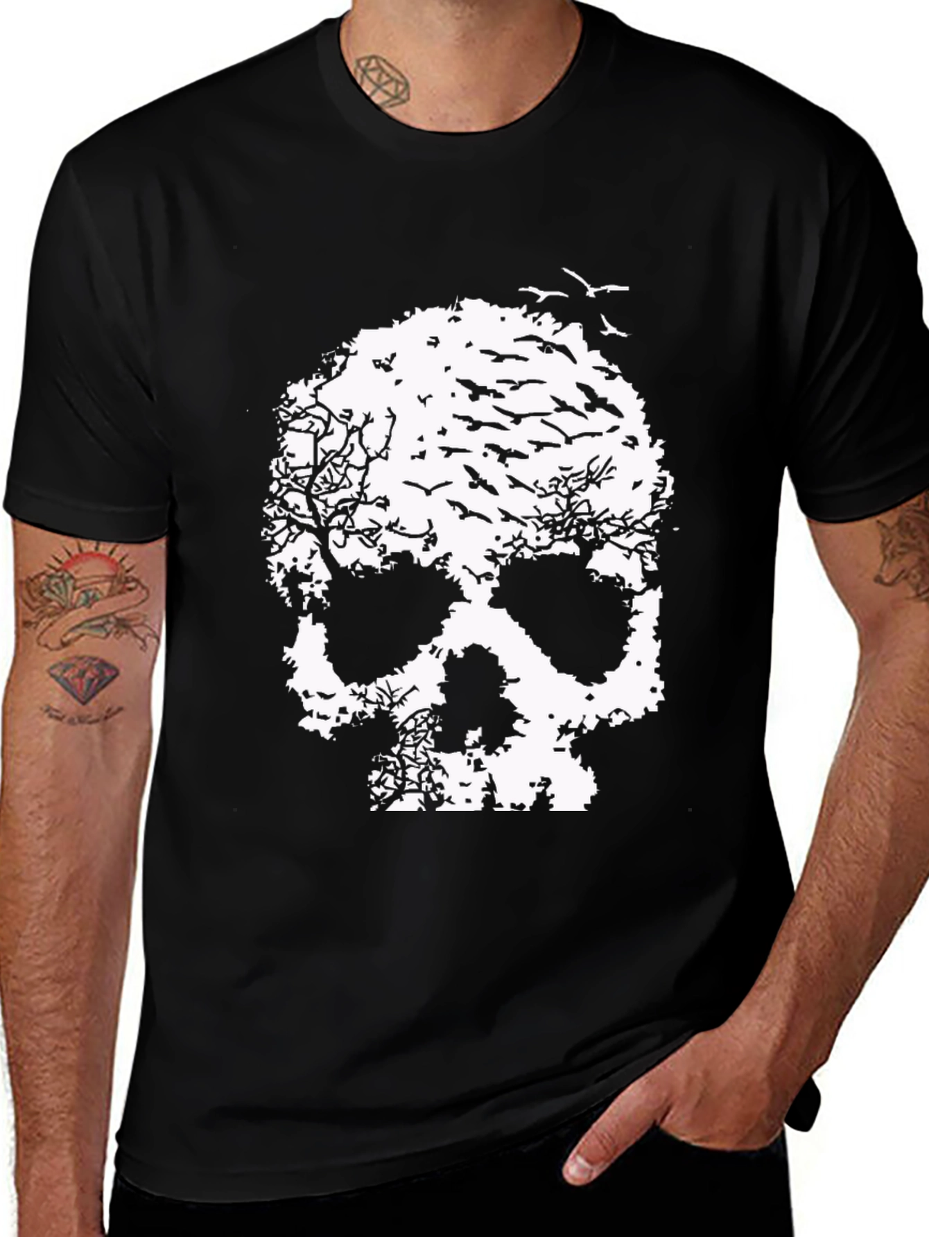 Skull Tree Bird Graphic Print T-Shirt