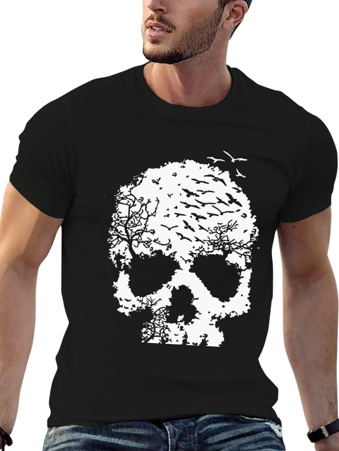 Skull Tree Bird Graphic Print T-Shirt