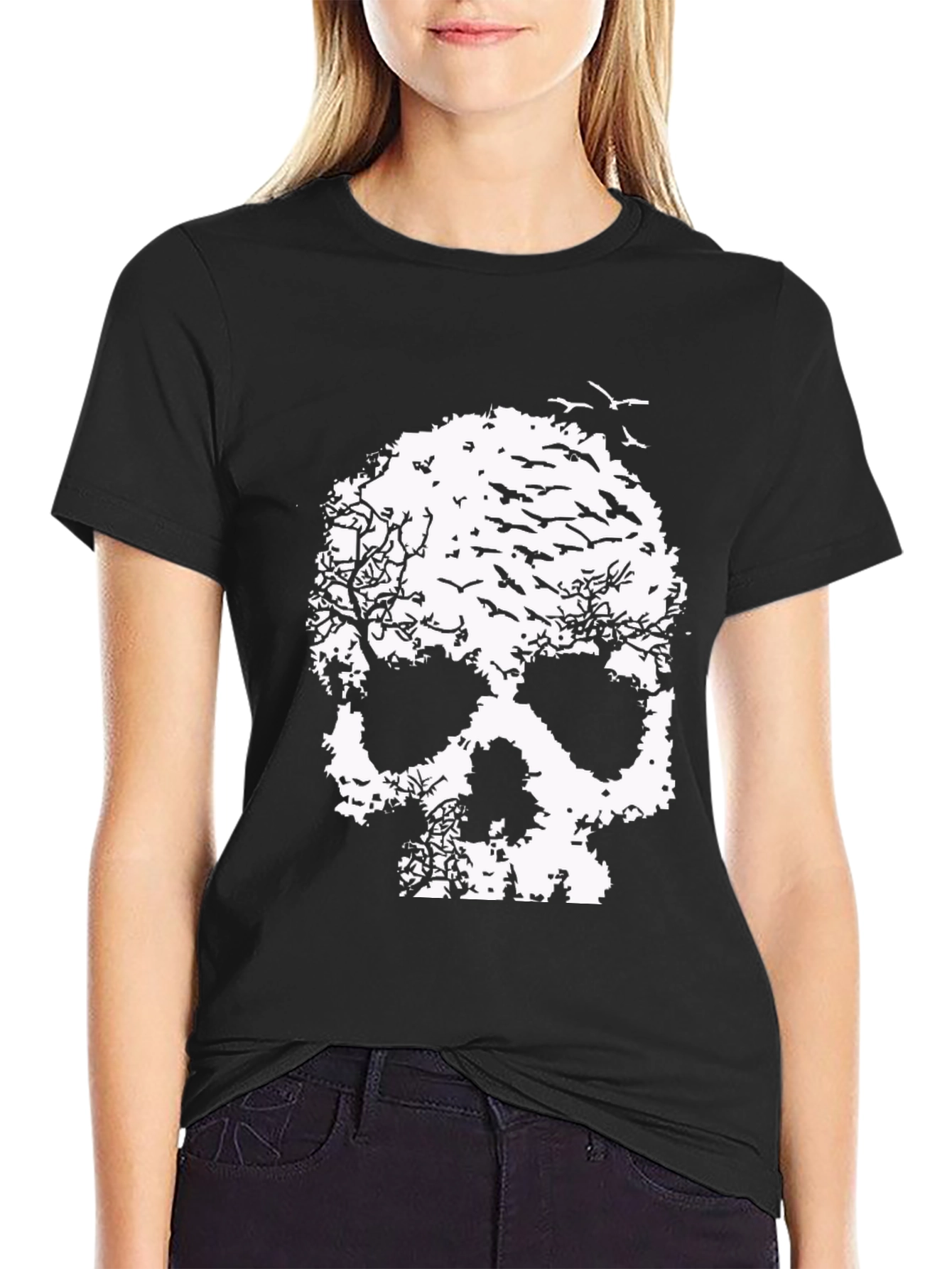 Skull Tree Bird Graphic Print T-Shirt