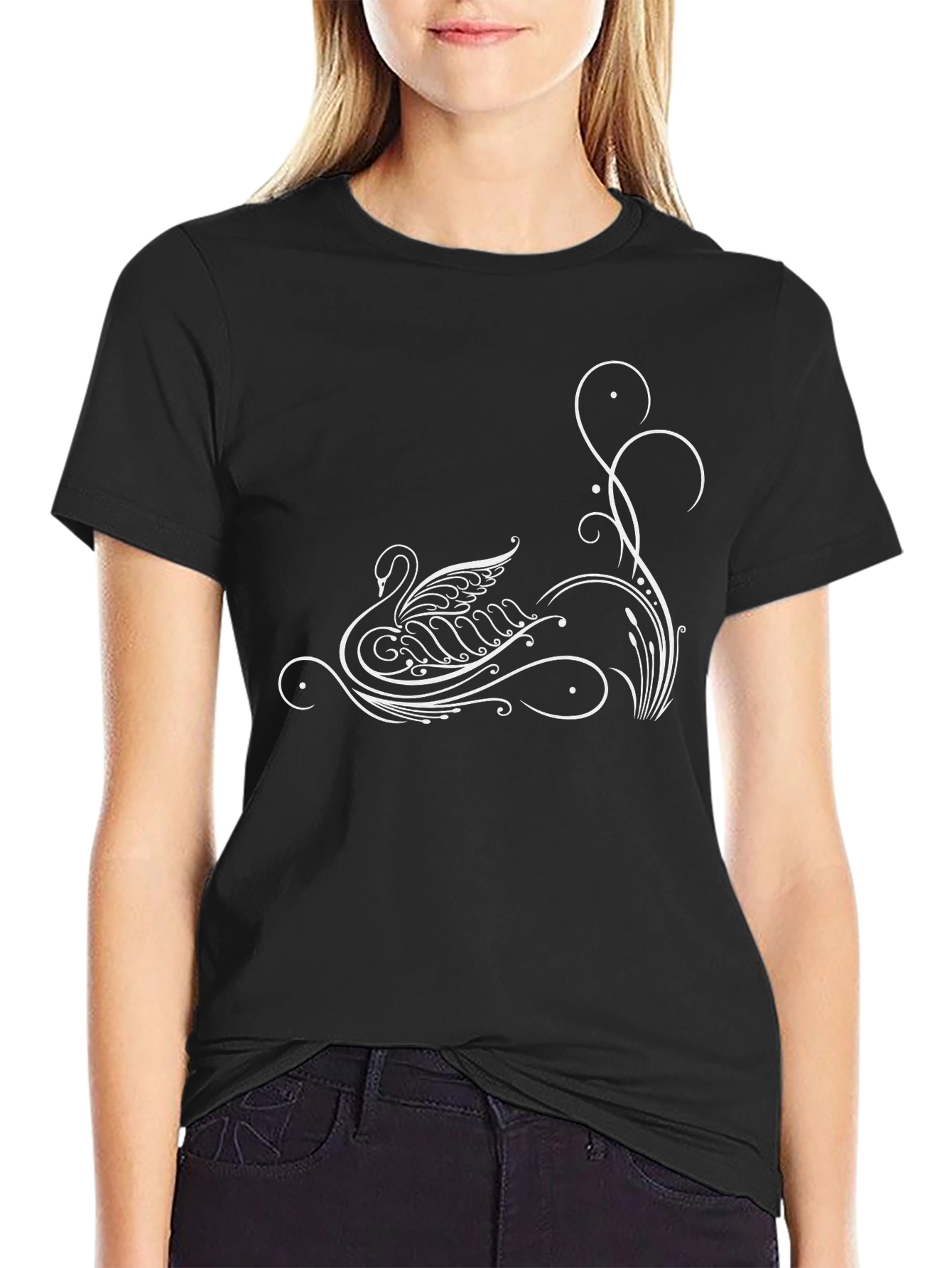 Elegant Swan Graphic Black T-Shirt