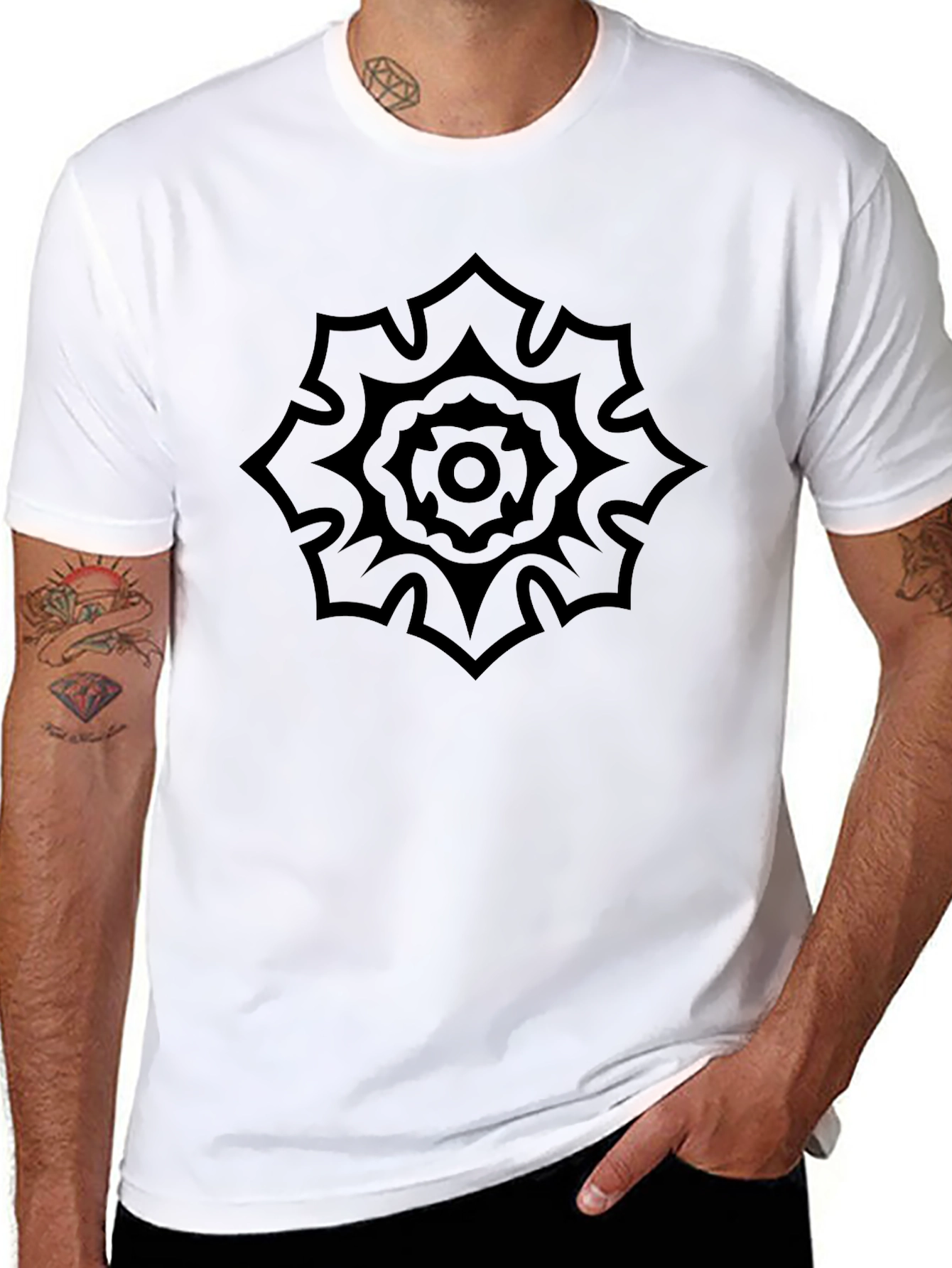 Mens Black Graphic Tee - Floral Mandala Design