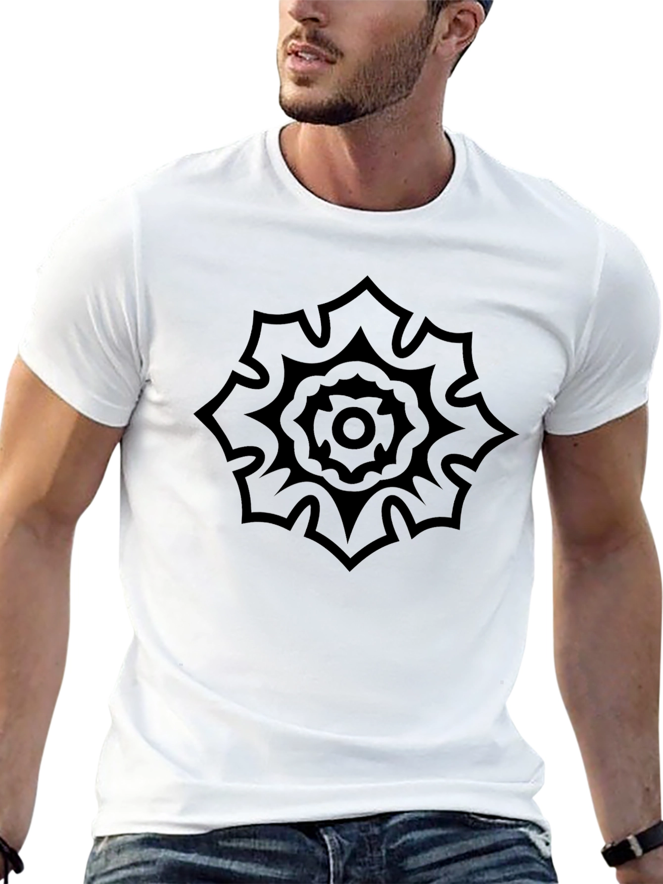 Mens Black Graphic Tee - Floral Mandala Design