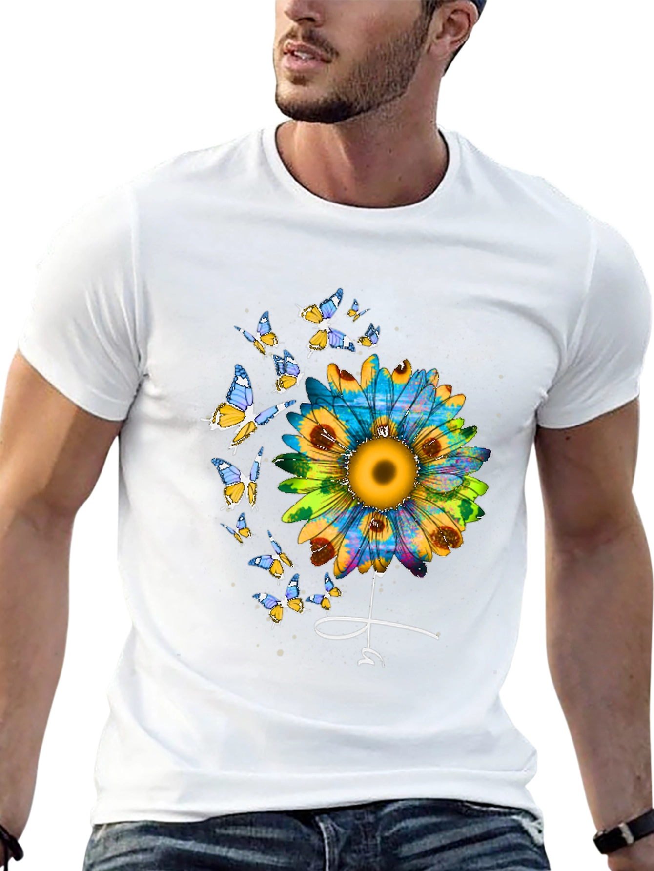 Sunflower & Butterfly Graphic Tee - Stylish Black T-Shirt