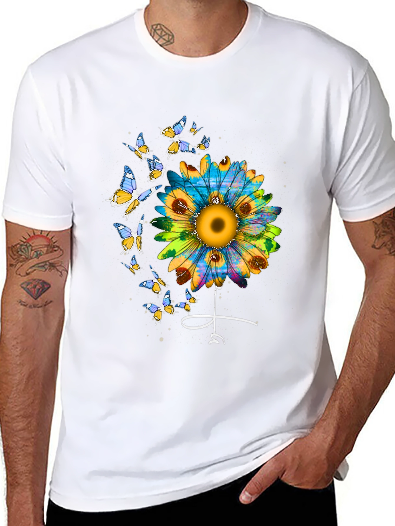 Sunflower & Butterfly Graphic Tee - Stylish Black T-Shirt