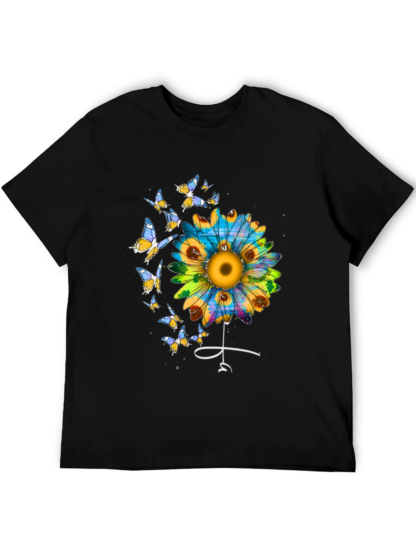 Sunflower & Butterfly Graphic Tee - Stylish Black T-Shirt