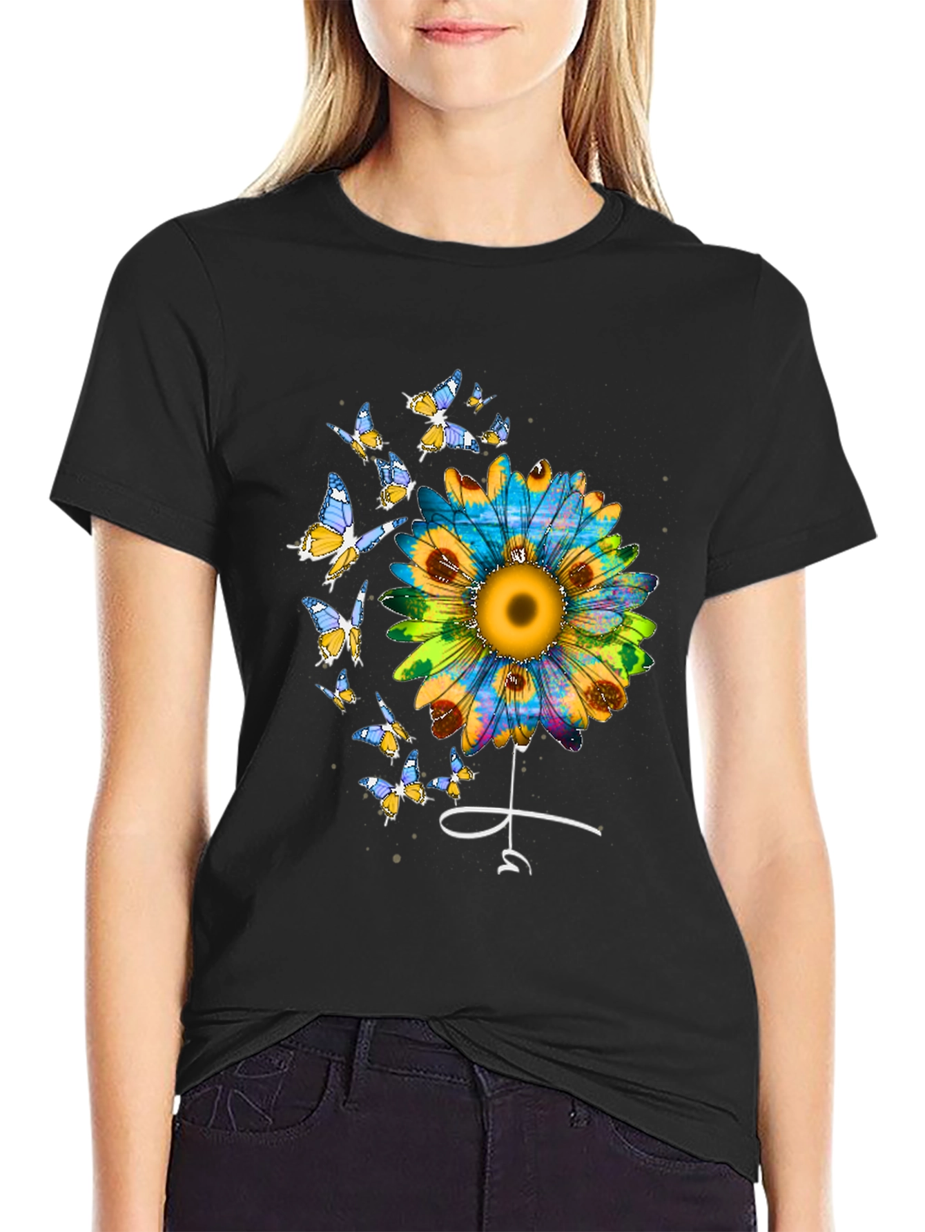 Sunflower & Butterfly Graphic Tee - Stylish Black T-Shirt