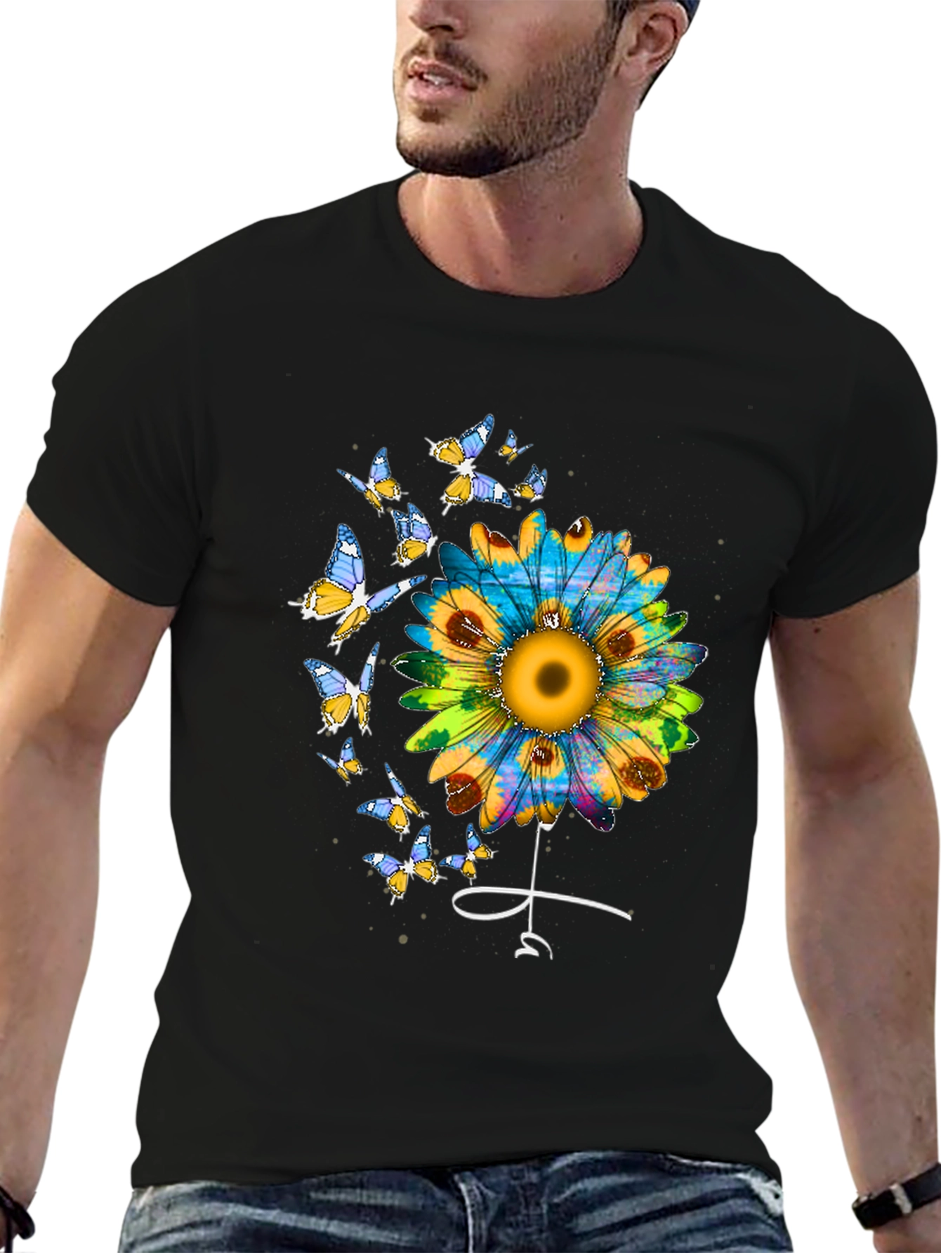 Sunflower & Butterfly Graphic Tee - Stylish Black T-Shirt