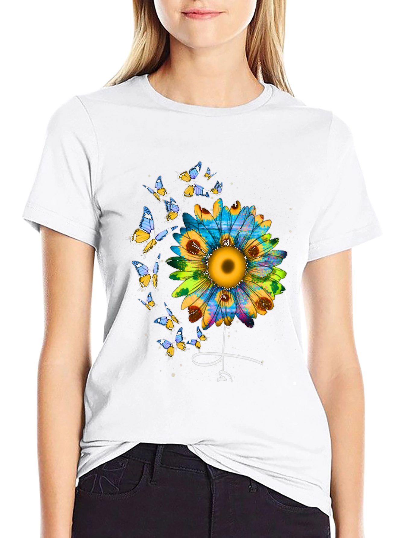 Sunflower & Butterfly Graphic Tee - Stylish Black T-Shirt