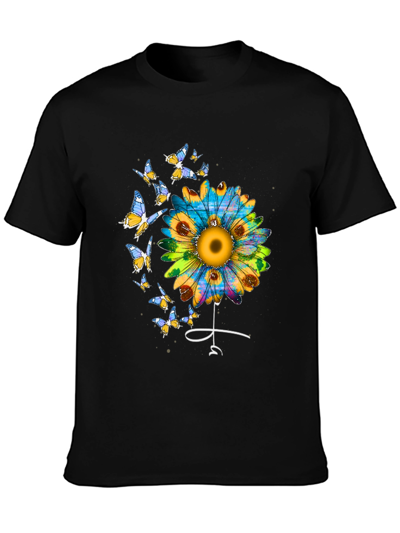 Sunflower & Butterfly Graphic Tee - Stylish Black T-Shirt