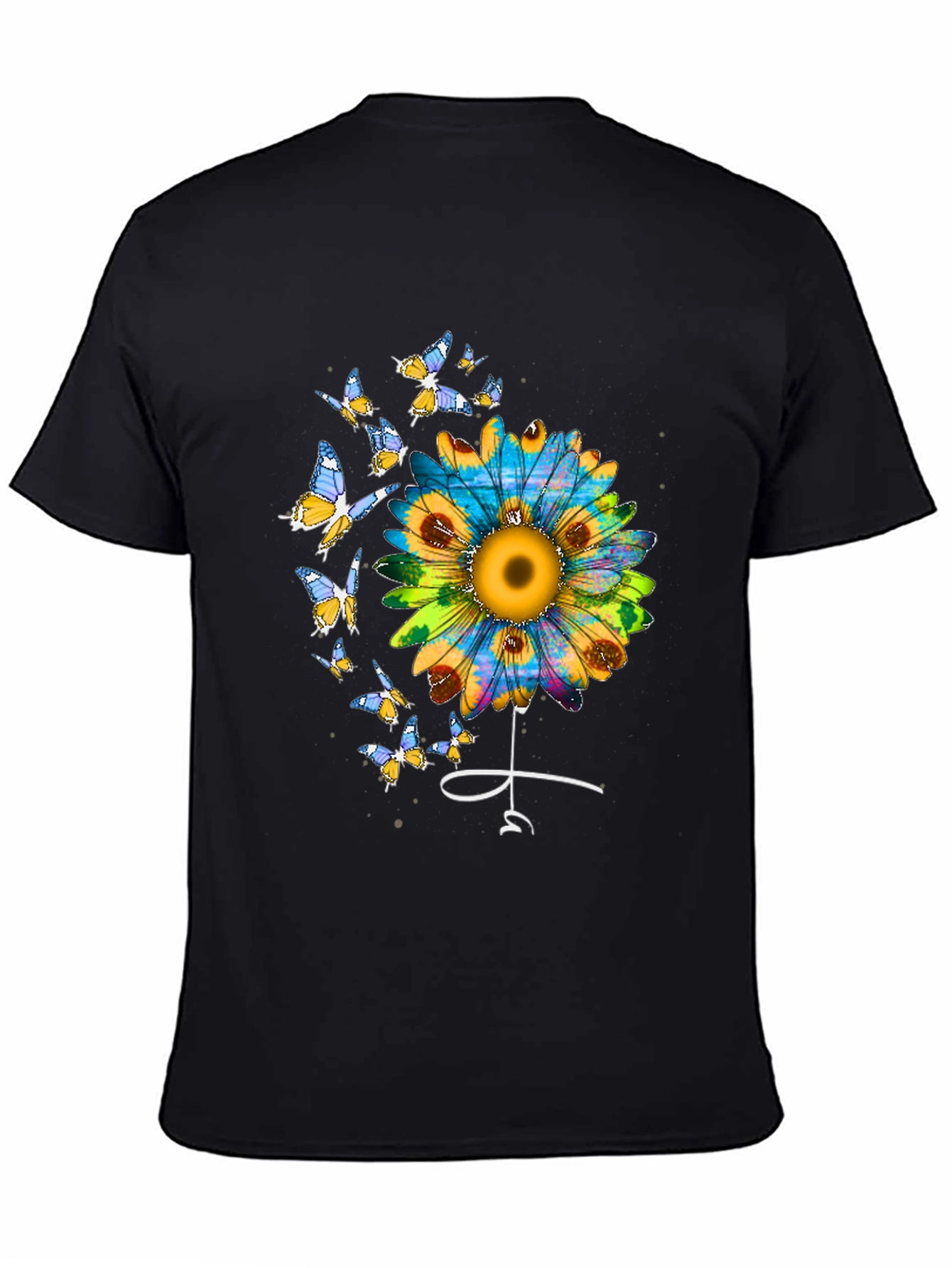 Sunflower & Butterfly Graphic Tee - Stylish Black T-Shirt