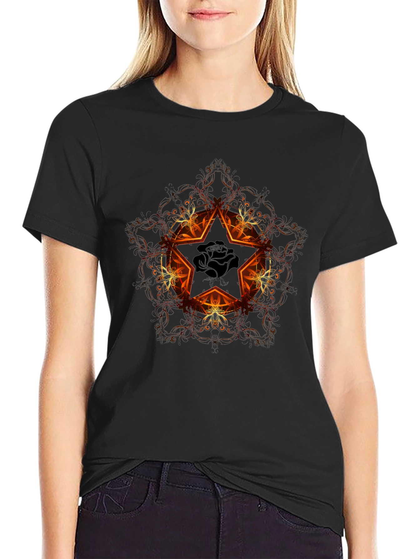 Star Rose Graphic Black T-Shirt