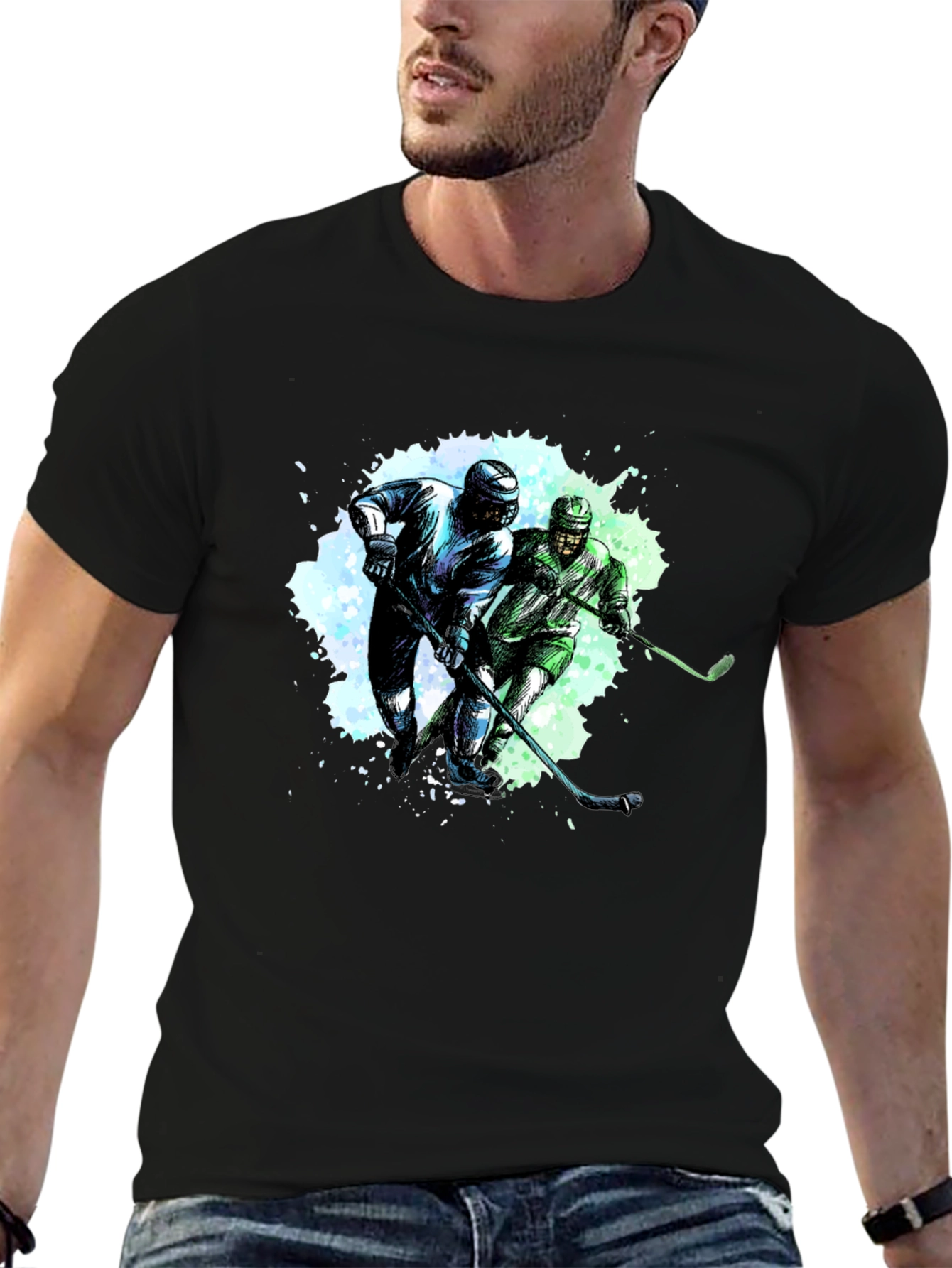 Hockey Players Graphic Tee - Black Cotton T-Shirt