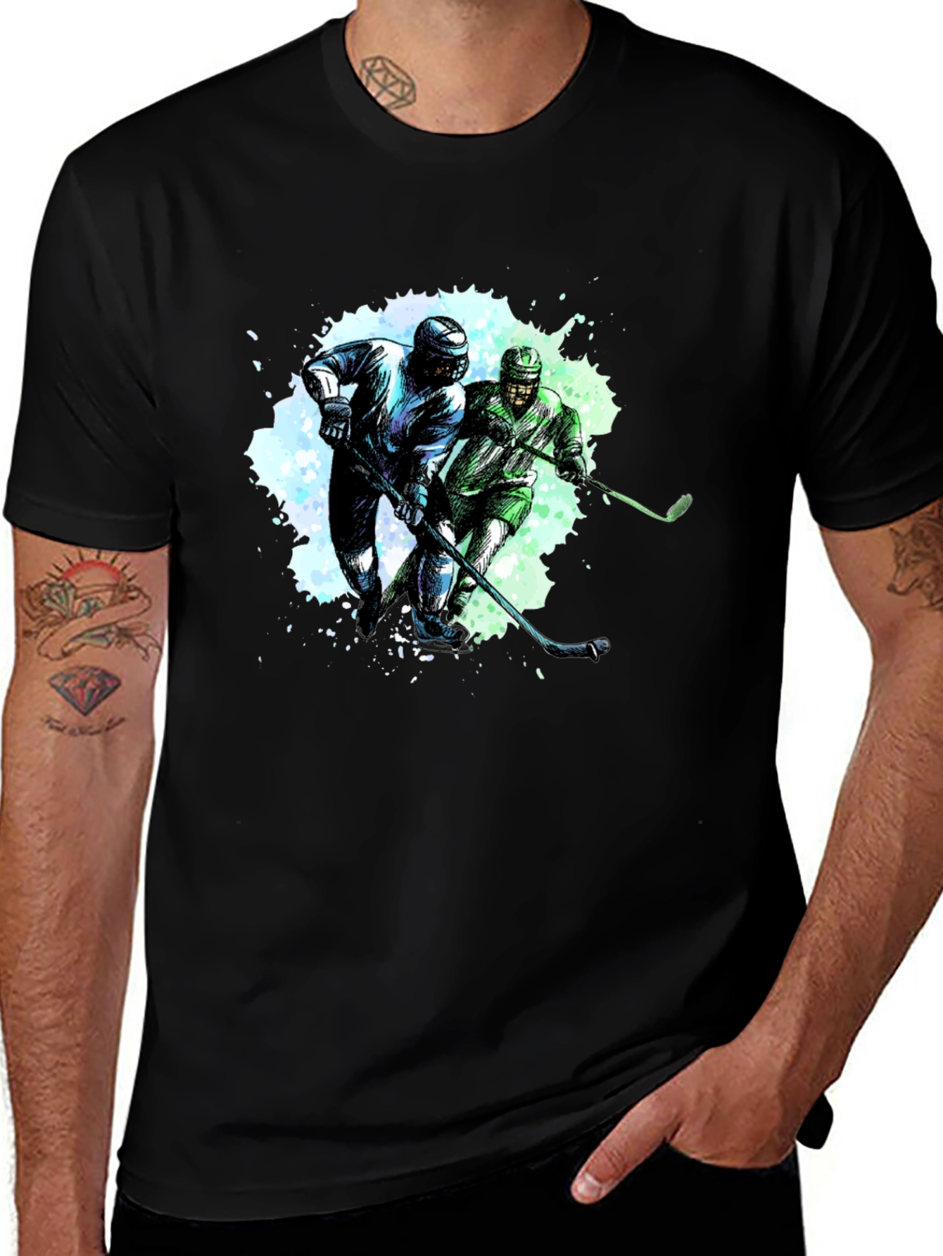 Hockey Players Graphic Tee - Black Cotton T-Shirt
