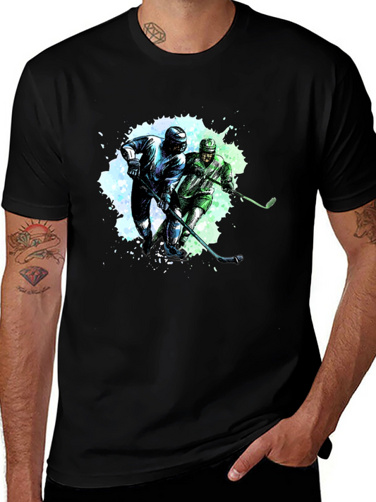 Hockey Players Graphic Tee - Black Cotton T-Shirt