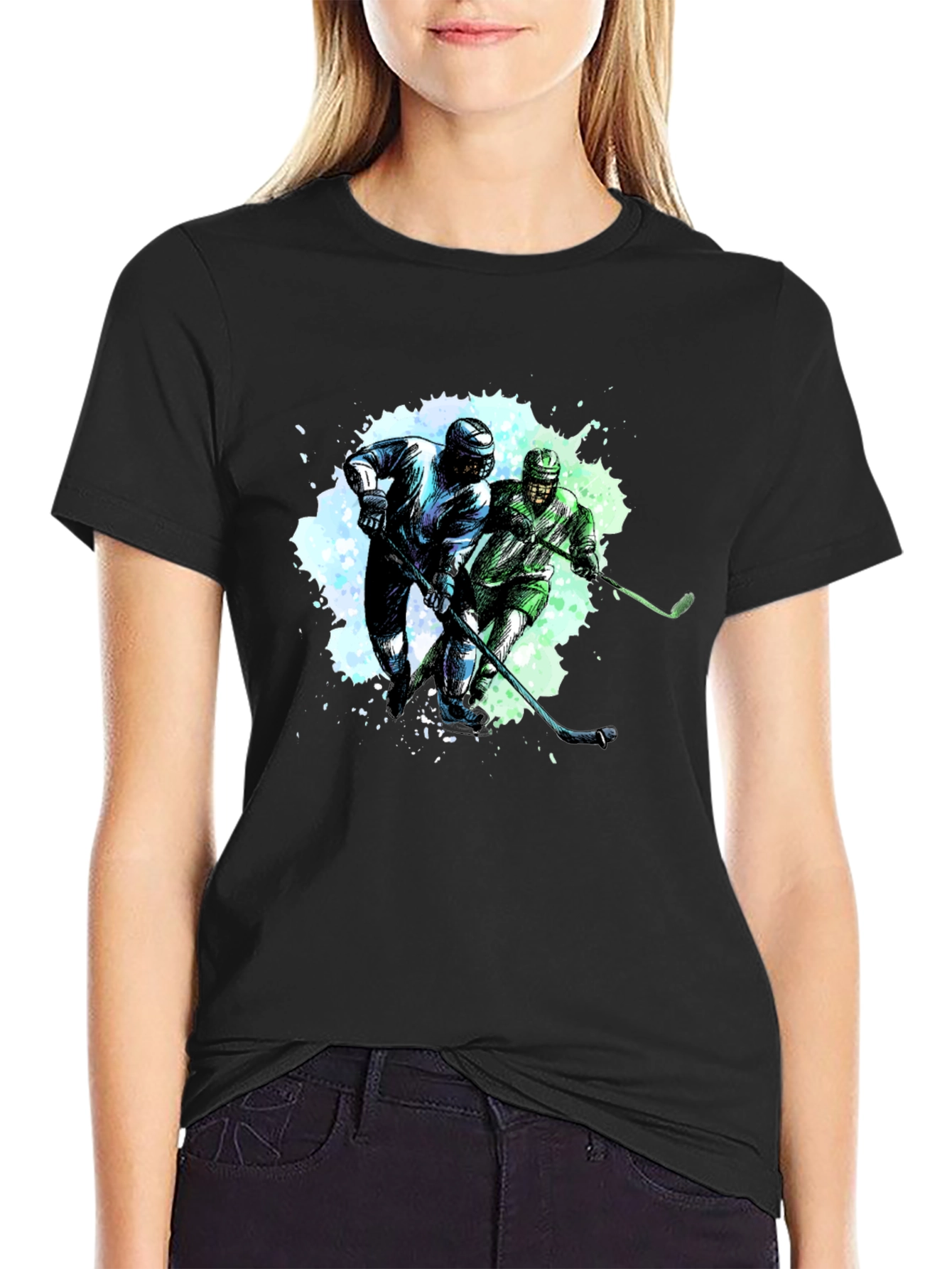 Hockey Players Graphic Tee - Black Cotton T-Shirt