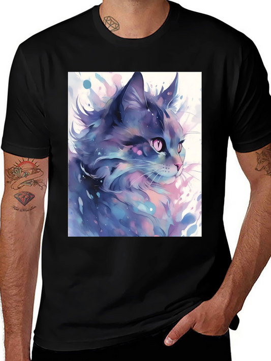 Watercolor Cat Graphic Tee - Black Cotton Blend
