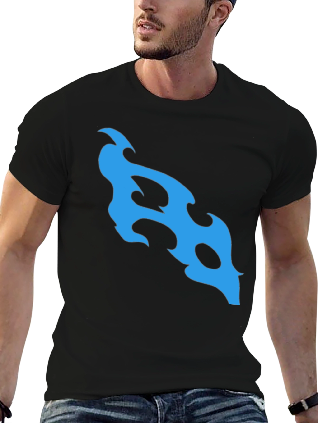 Black T-Shirt with Abstract Blue Flame Design