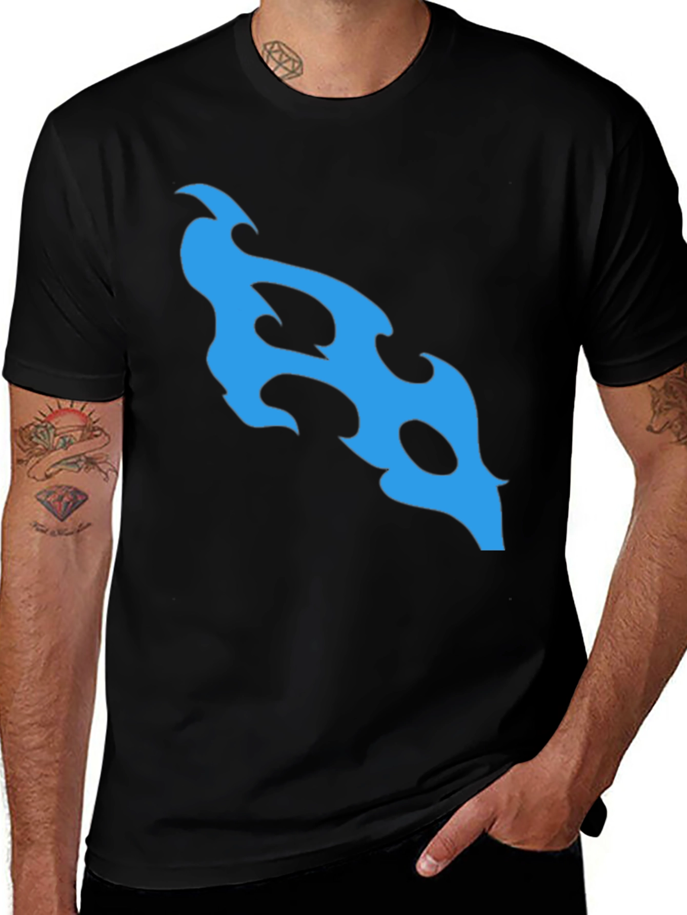 Black T-Shirt with Abstract Blue Flame Design