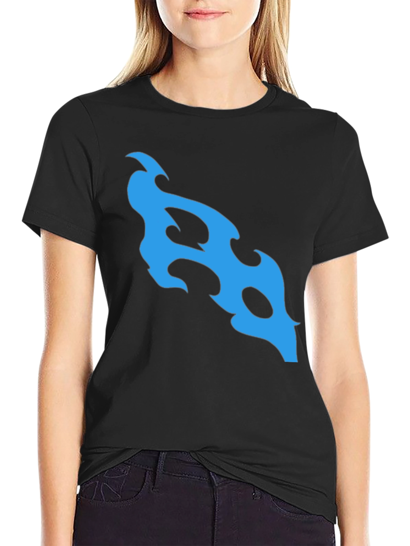 Black T-Shirt with Abstract Blue Flame Design