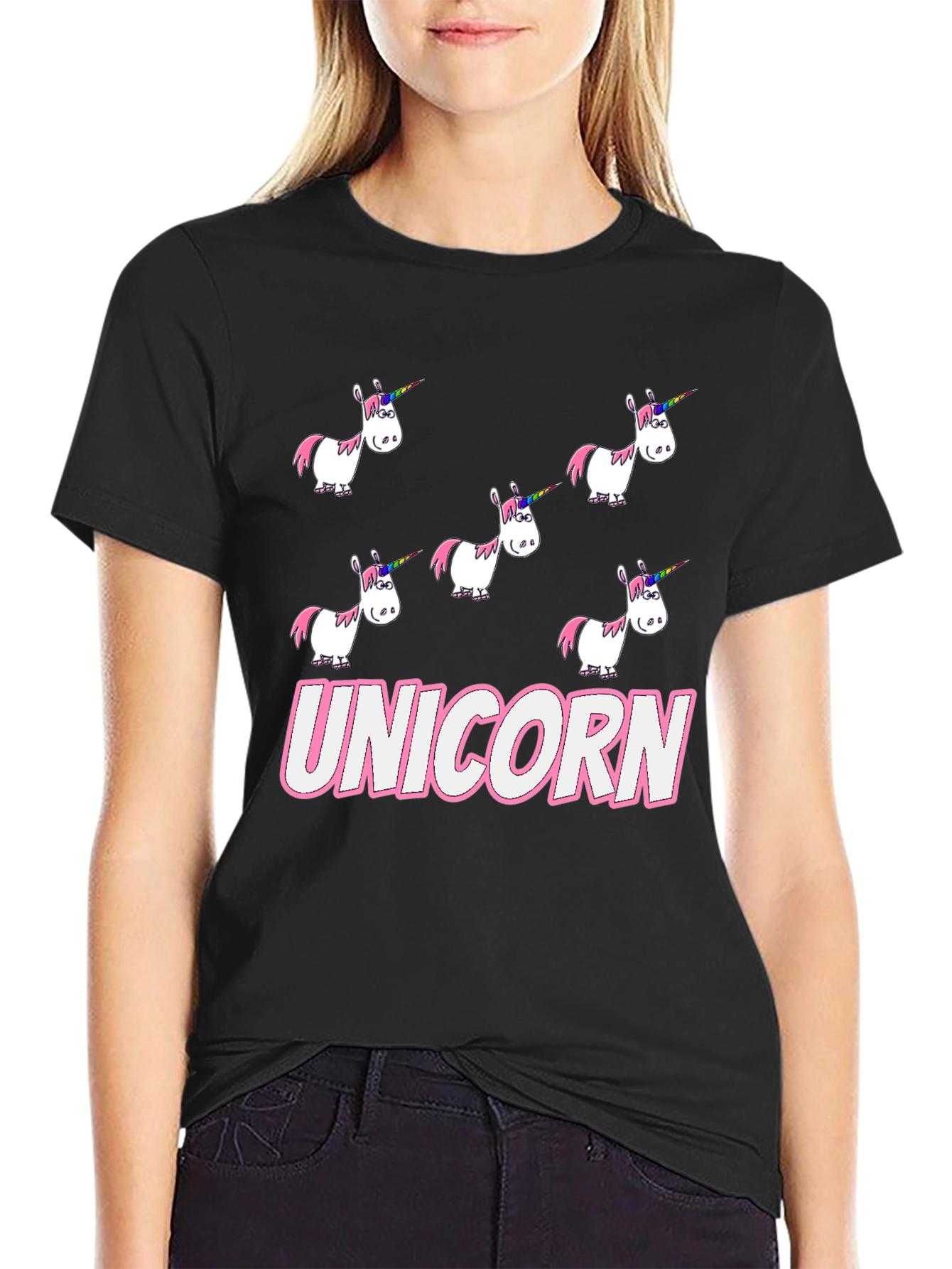 Unicorn Cartoon Print Black T-Shirt