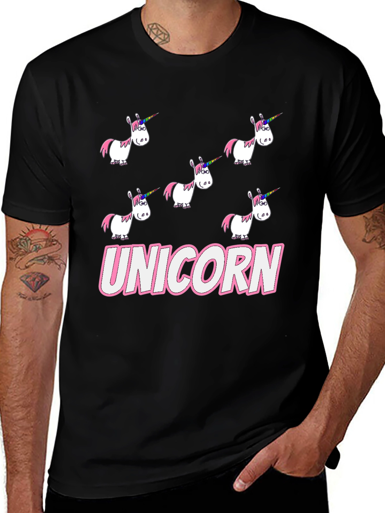 Unicorn Cartoon Print Black T-Shirt